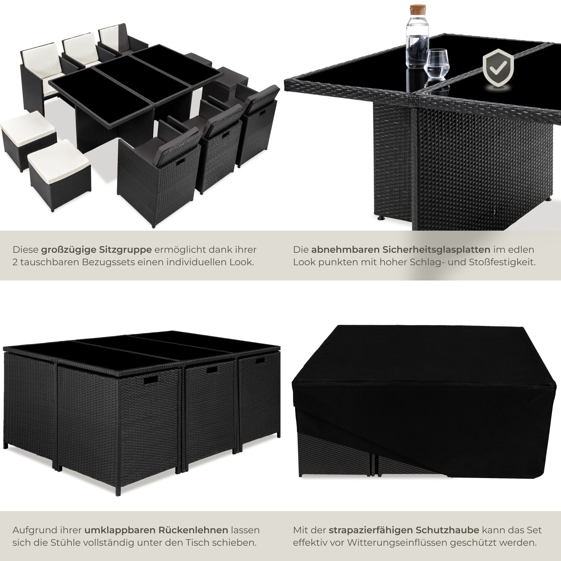 tectake Sitzgruppe Aluminium Rattan Gartenlounge für 6 bis 10 Personen, Inkl., (Loungeset New York, 12-tlg., für Außen in Schwarz), wetterfest und UV-beständig, – Bild 5 von 5