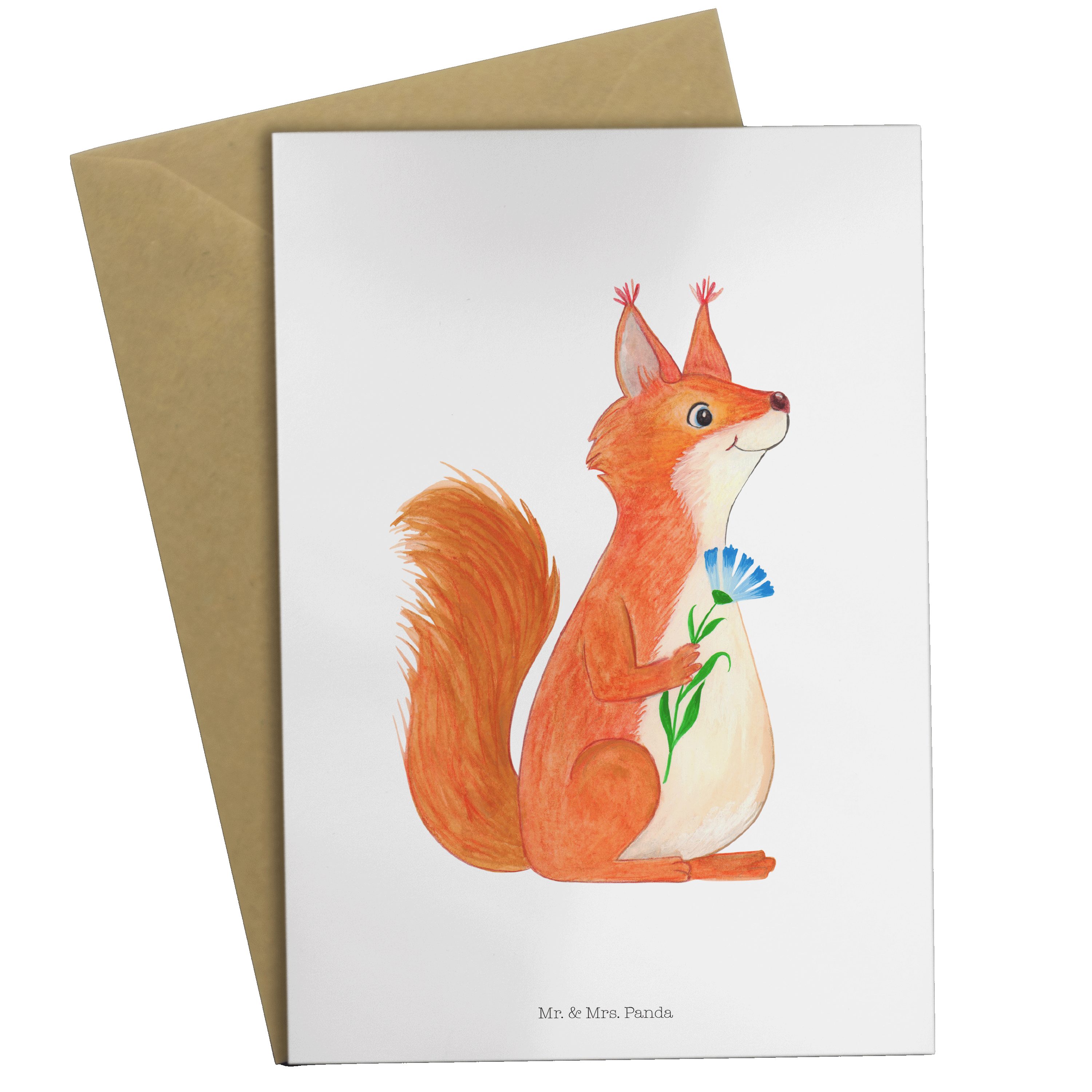 Mr. & Mrs. Panda Grußkarte Eichhörnchen Blume - Weiß - Geschenk, Einladungskarte, Spruch Deko, l