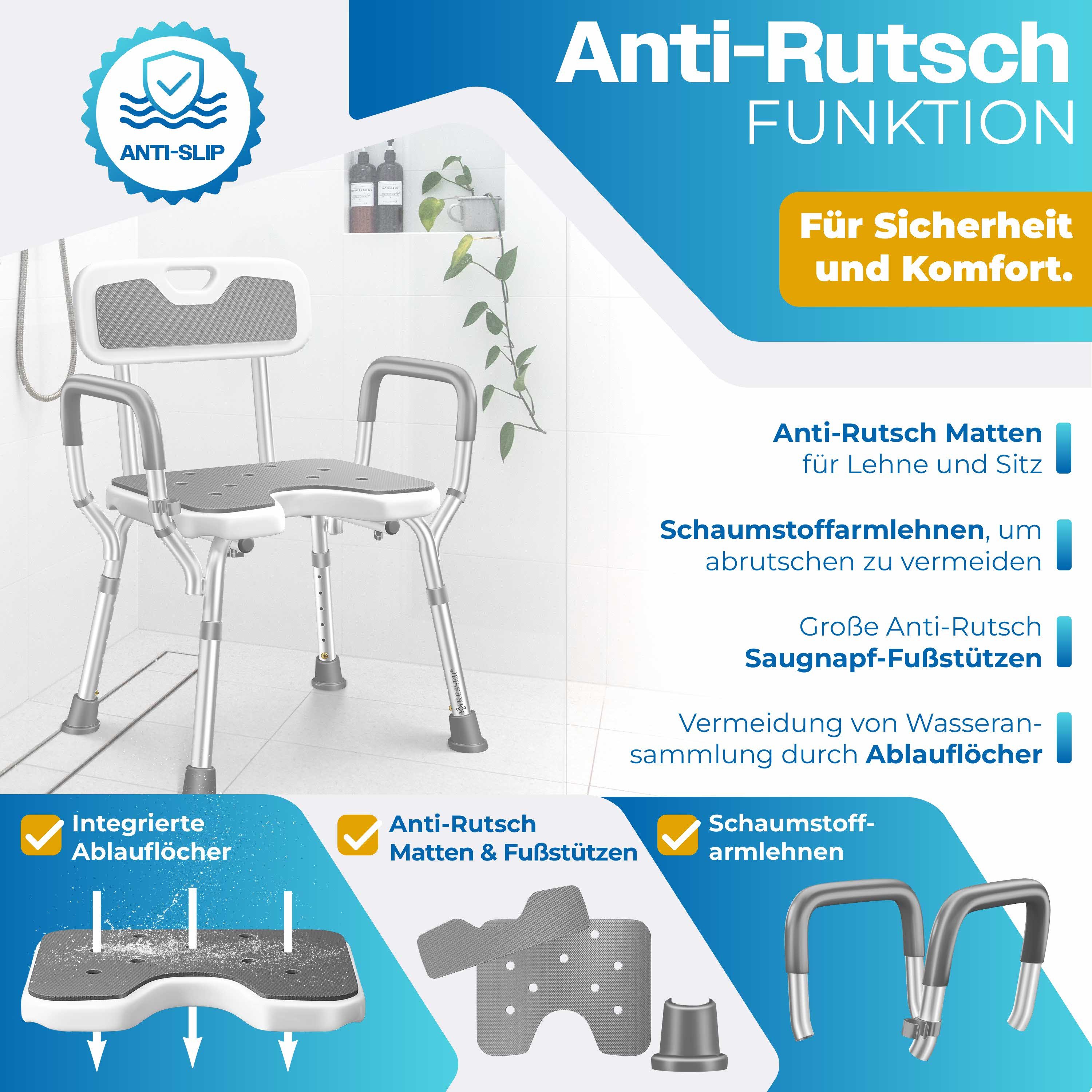 KESSER Badhocker Duschhocker mit Lehne höhenverstellbar in 6 Stufen 38-54cm (Duschstuhl mit Brausehalterung, Anti-Rutsch Füße & Matten), Duschsitz 150KG belastbar Duschhilfe Senioren & Schwangere