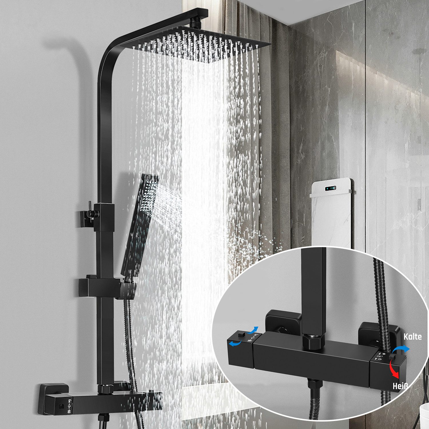 oyajia Duschsystem Brausegarnituren Edelstahl Duschstange Set Messing Wasserhahn Duschset, 2 Strahlart(en), Thermostat Duschstangen Edelstahl Duscharmaturen Set Wassersparend