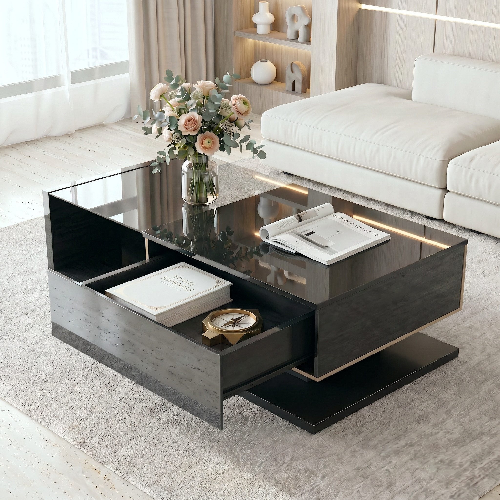 Totnz Couchtisch in Hochglanz mit Glasplatte und 16-farbiger LED-Beleuchtung (Beistelltisch mit Schublade), Sofatisch mit Ablagefach, Wohnzimmertisch
