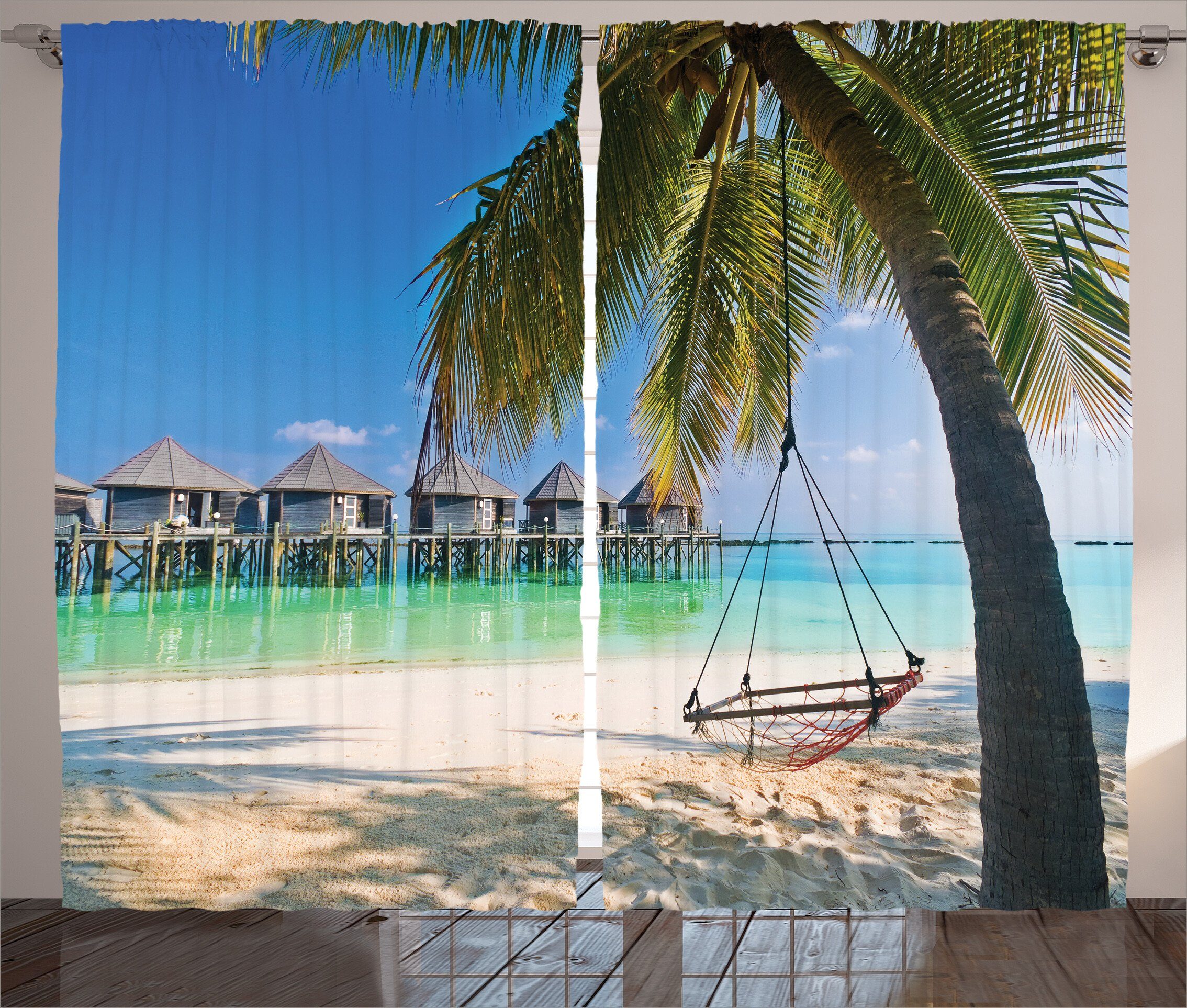 Tropical und Coast Abakuhaus, Haken, Kräuselband Vorhang mit Gardine Strand Karibik Schlafzimmer Schlaufen