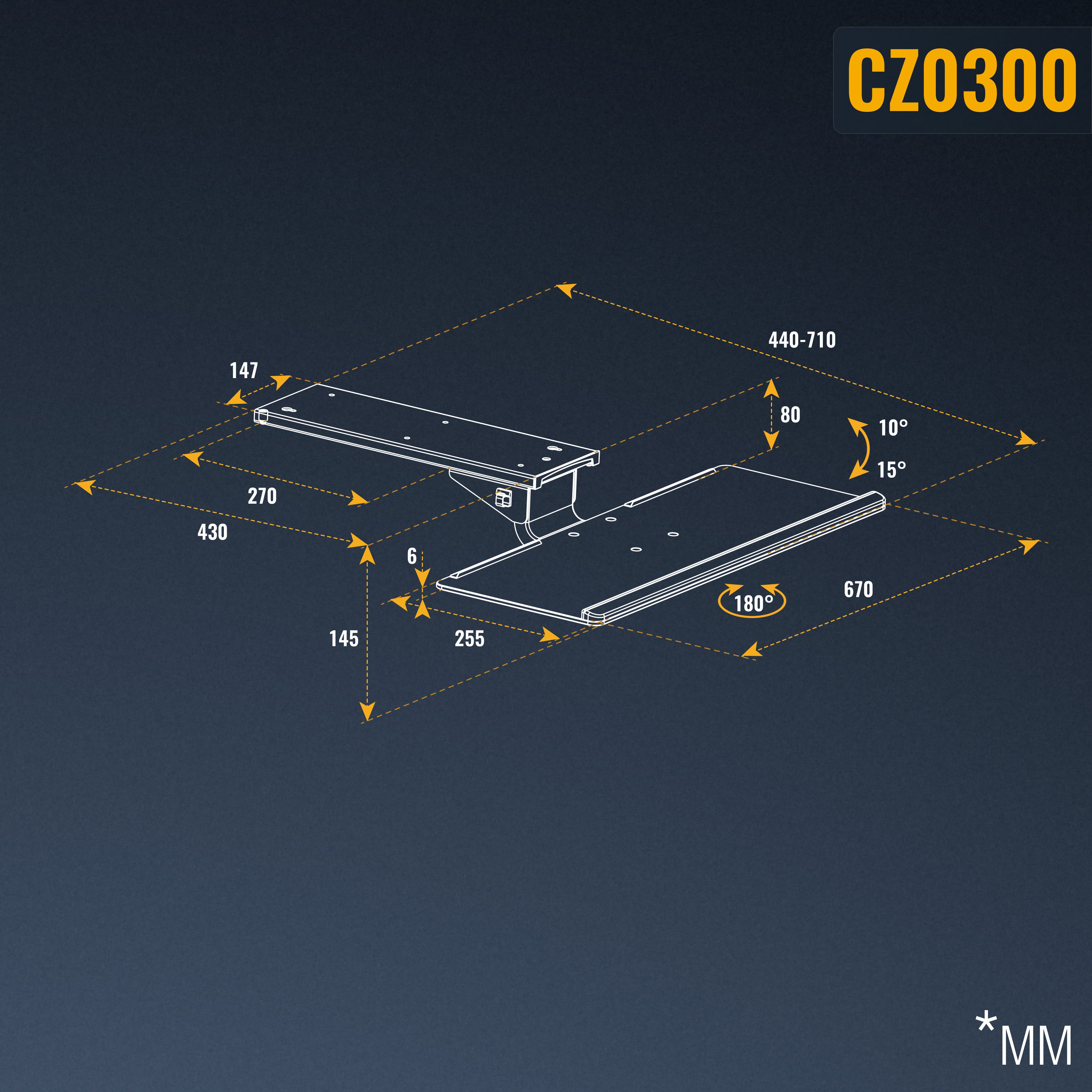 RICOO Halterung Tastatur Untertischhalterung neigbar schwenkbar CZ0300, (2 kg Belastbarkeit, max. 67 x 21,5 cm Tastaturgröße, 1-tlg., Nicht Höhenverstellbar: Höhe 145mm, Ablagefläche 670mm x 255mm, neigbar +15°/-10°, schwenkbar +/-180°, höhenverstellbar)