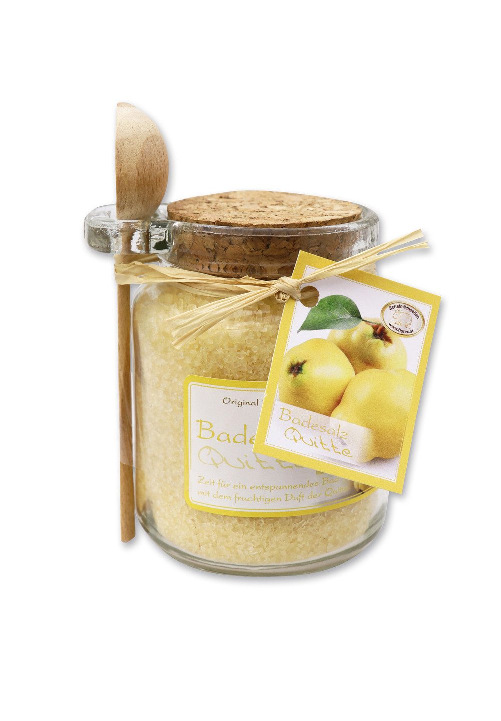 Gerlinde Hofer _ Florex GmbH Badezusatz B1420QU Quitte, Badesalz mit Bio Schafmilch im Glas mit Holzlöffel 300 g