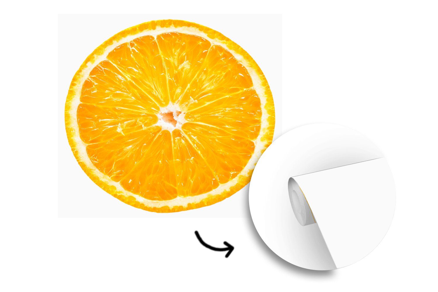 Wandtapete Obst oder MuchoWow Orange bedruckt, (5 - Vinyl Matt, Wohnzimmer Weiß, Fototapete - für Schlafzimmer, St), Tapete