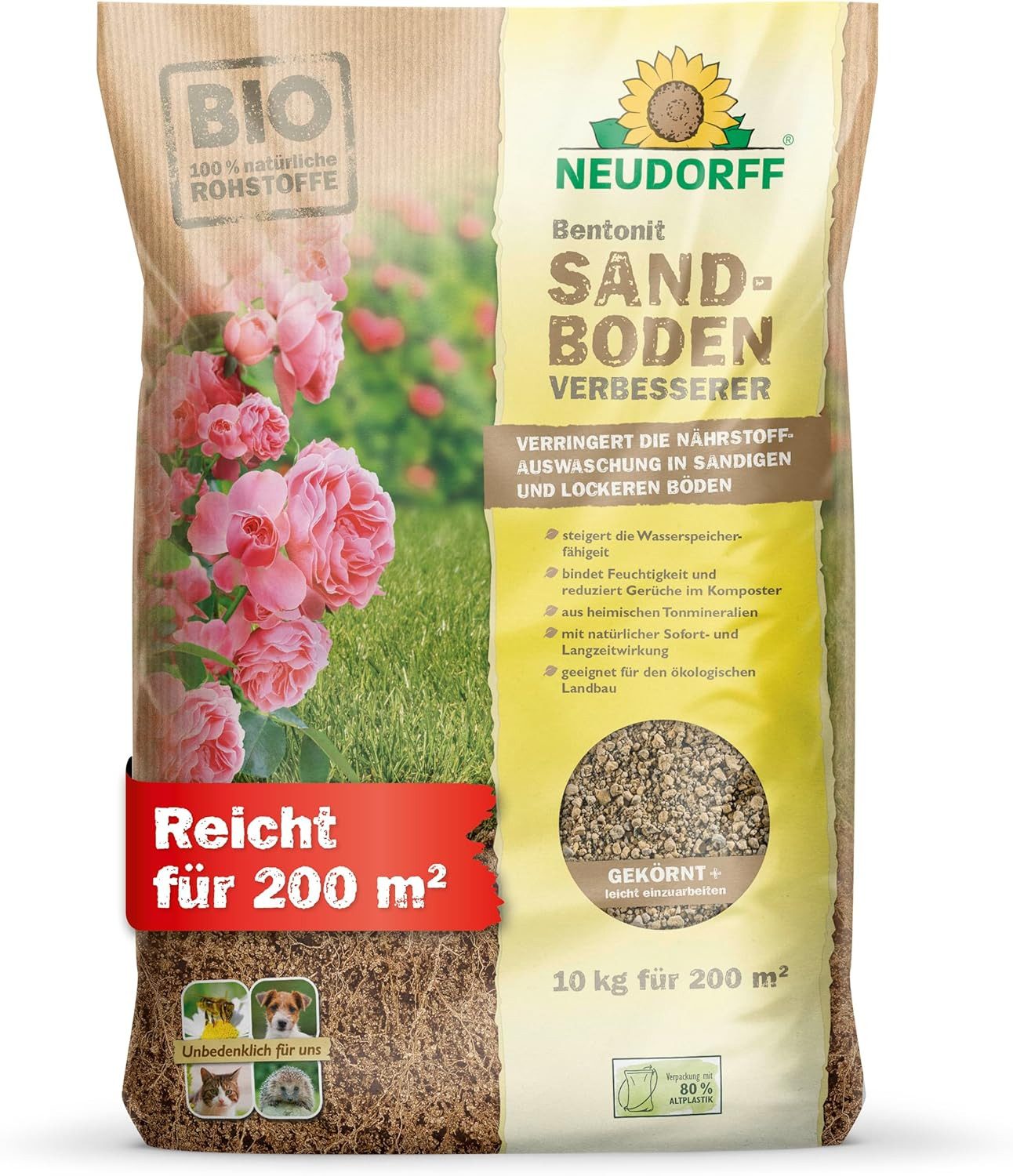 Neudorff Tonmehl Bentonit SandbodenVerbesserer 10 kg, mit Bodenhilfsstoff aus Tonmineralen, (Verbessert Bodenstruktur sowie Wasser- & Nährstoffspeicherung, Tonminerale für leichte und sandige Gartenböden), Mit Bentonit zur Wasser- & Nährstoffspeicherung im Sandboden