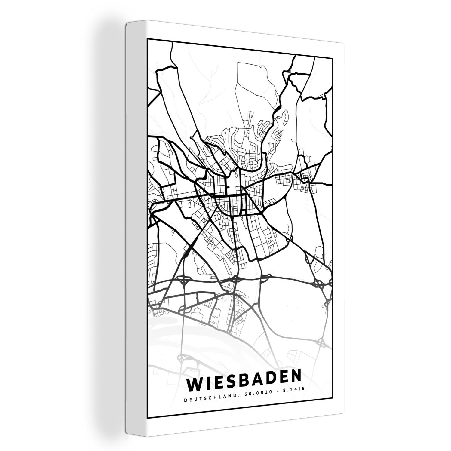 OneMillionCanvasses® Leinwandbild Stadtplan - Karte - Wiesbaden, (1 St), Leinwandbild fertig bespannt inkl. Zackenaufhänger, Gemälde, 20x30 cm