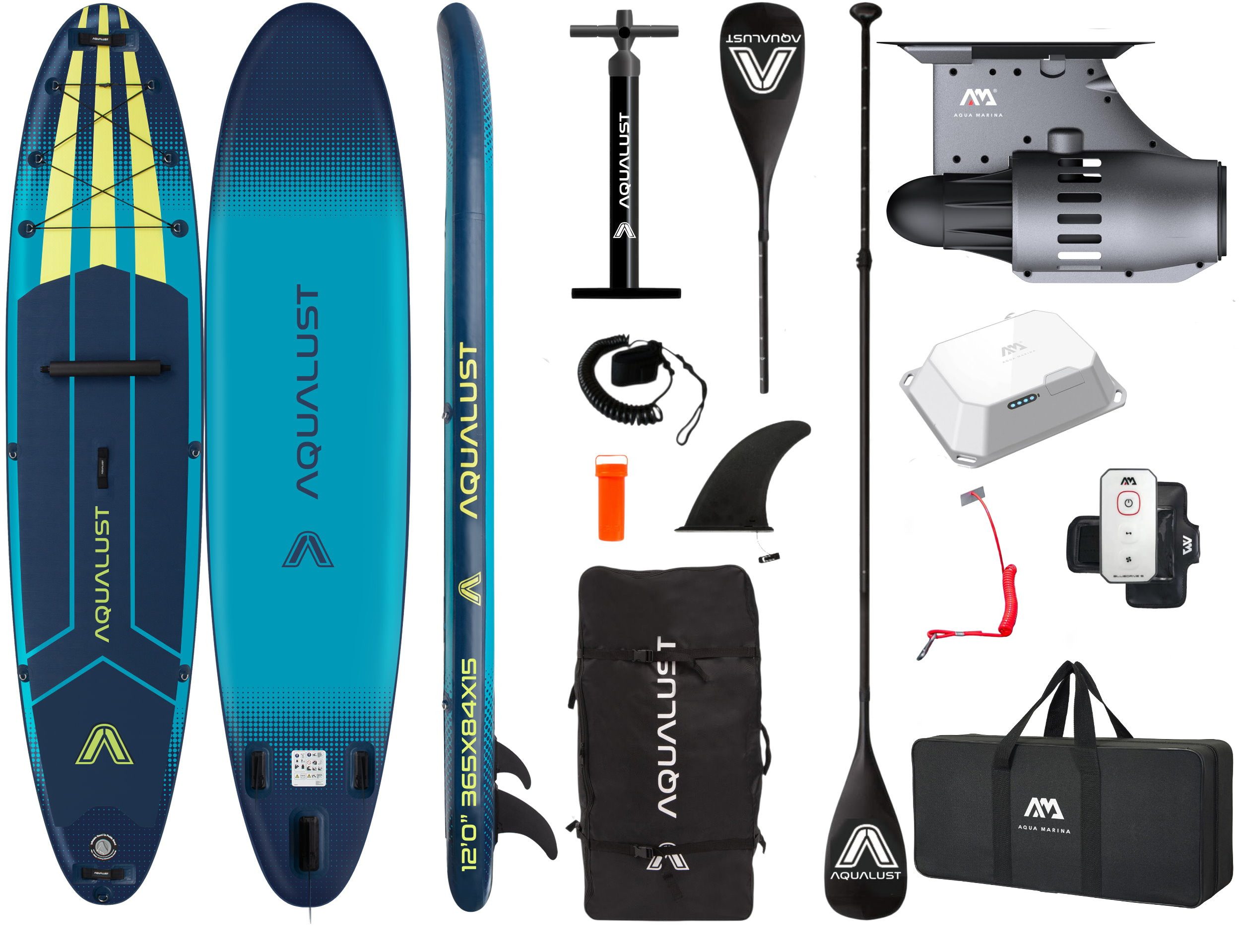 Aqualust SUP-Board AQUALUST 12.0 SUP BOARD 365 cm Set mit Aqua Marina BlueDrive S Motor