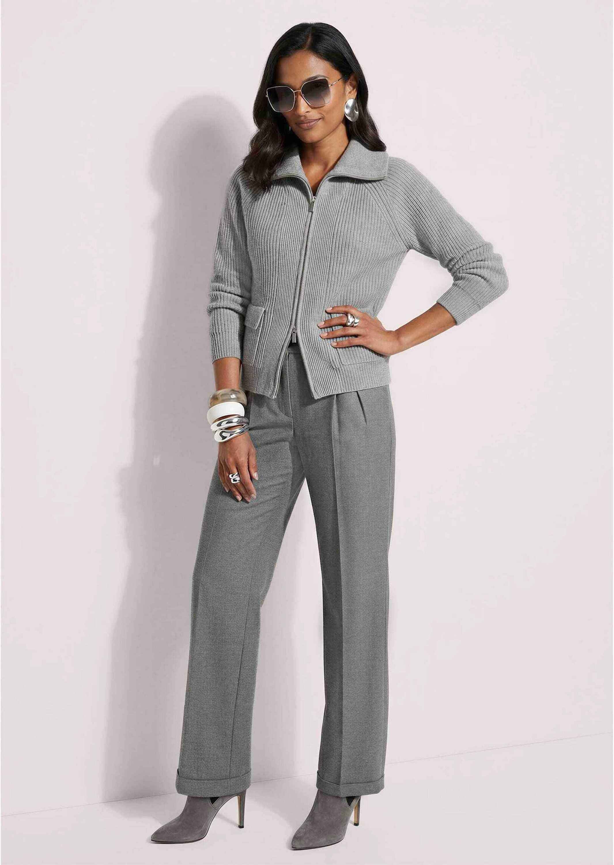 MADELEINE Strickjacke Blouson-Strickjacke mit 2-Wege-Zipper Umschlagkragen, praktische Pattentaschen & Rippbündchen