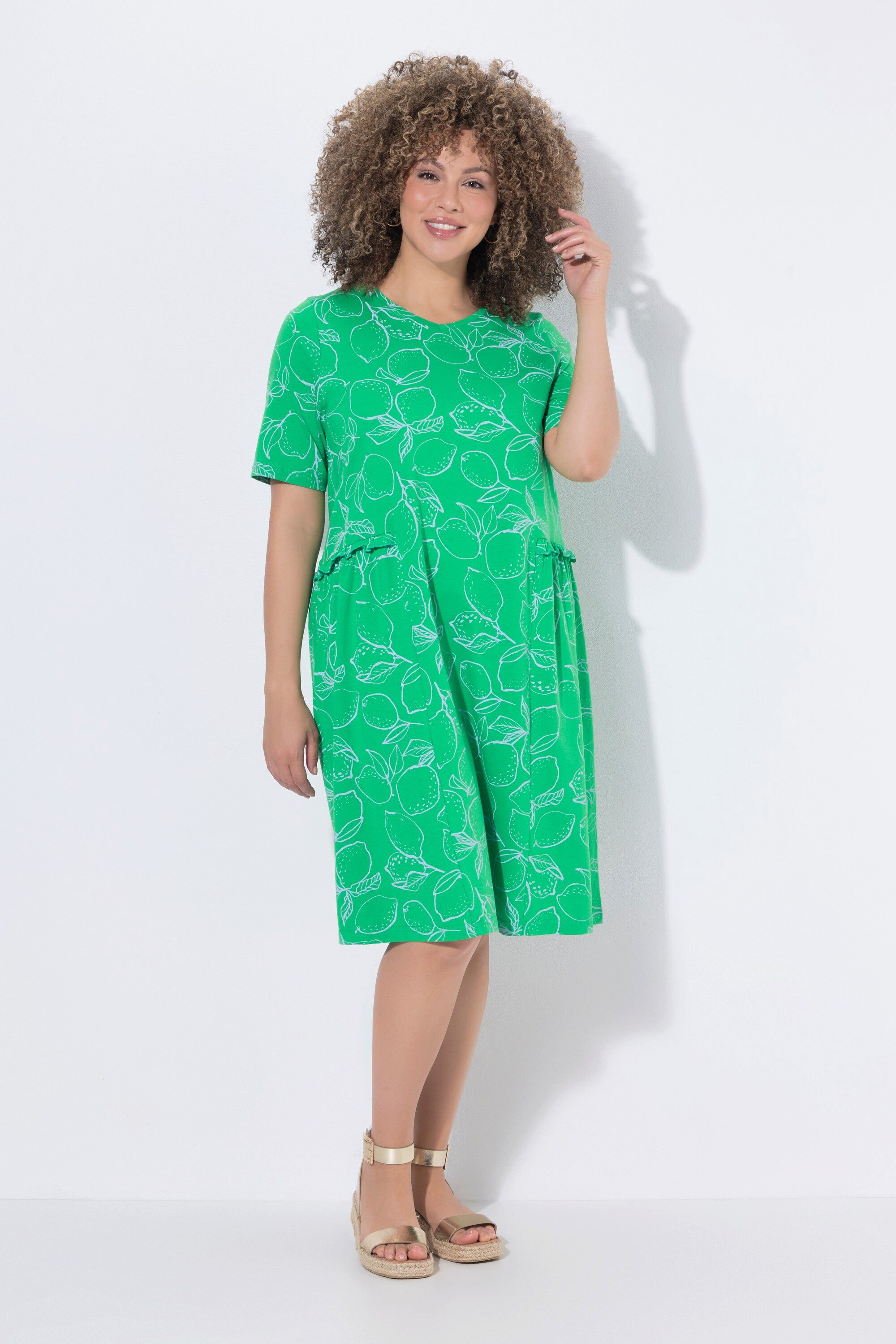 Ulla Popken Midikleid Jerseykleid Zitronen Rüschen V-Ausschnitt Halbarm