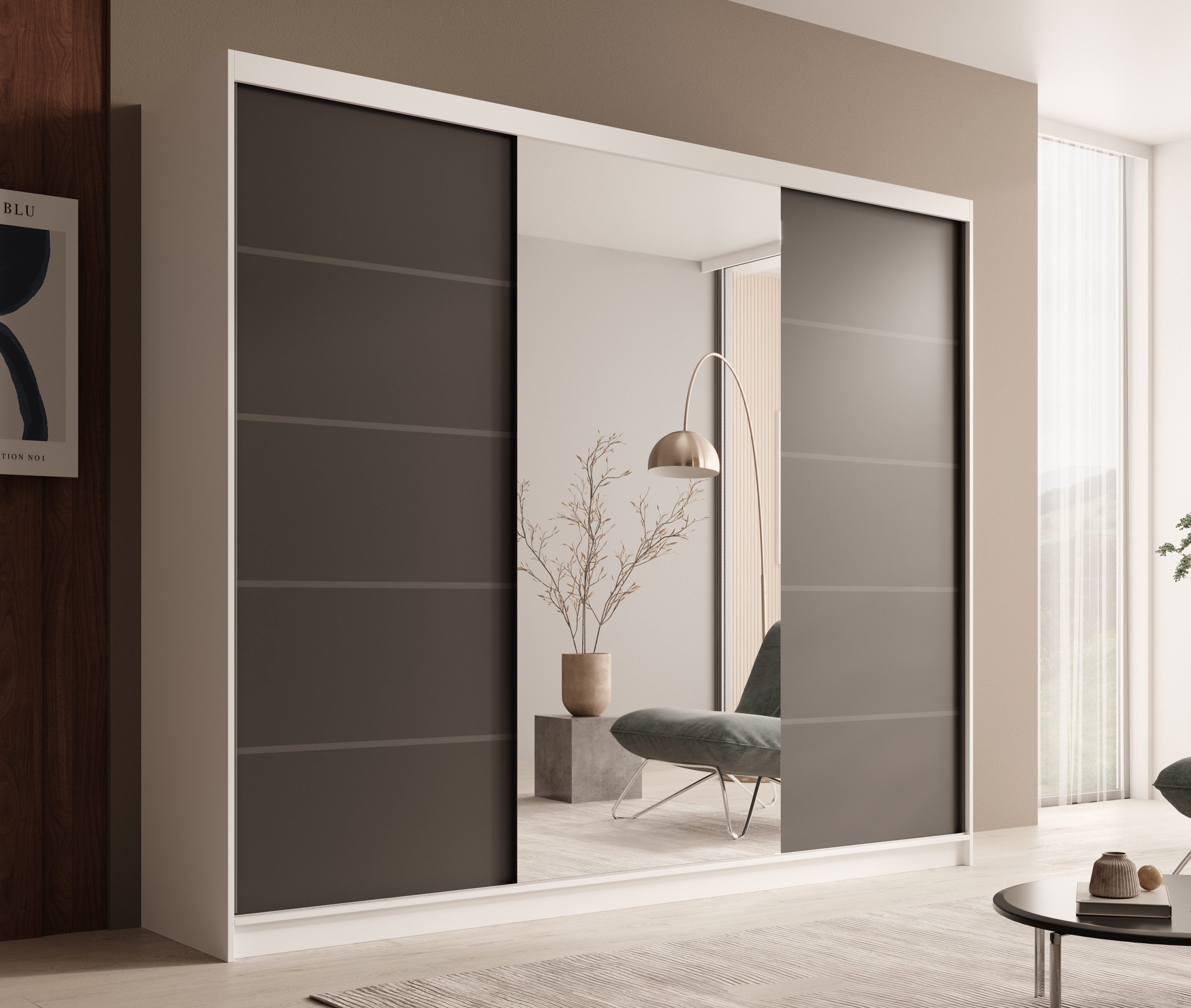 MOEBLO Schiebetürenschrank Tivora 250 (Moderner, platzsparender Kleiderschrank mit Spiegel für Schlafzimmer und Ankleidezimmer, 3 Schiebetüren, 11 Einlegeböden, stabile Kleiderstange, Wohnzimmerschrank mit Spiegel, Schwebetürenschrank Schrank Garderobe Schiebtüren Schlafzimmer) (BxHxT): 250x215x58 cm