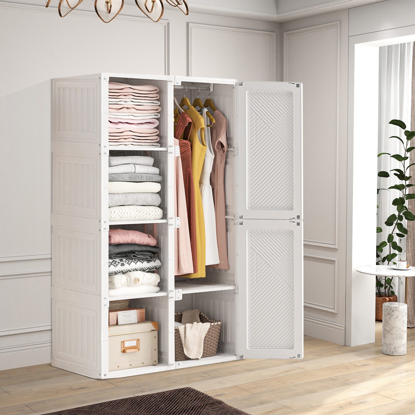 FUROKOY Kleiderschrank Drehtürenschrank Faltbarer Kleiderschrank Garderoben Hochschrank (Wäscheschrank Mehrzweckschrank mit Kleiderstange,Versteckter Türgriff) 8 Fächer, 2 Türen und 1 Kleiderstange (136x69x50cm),Weiß
