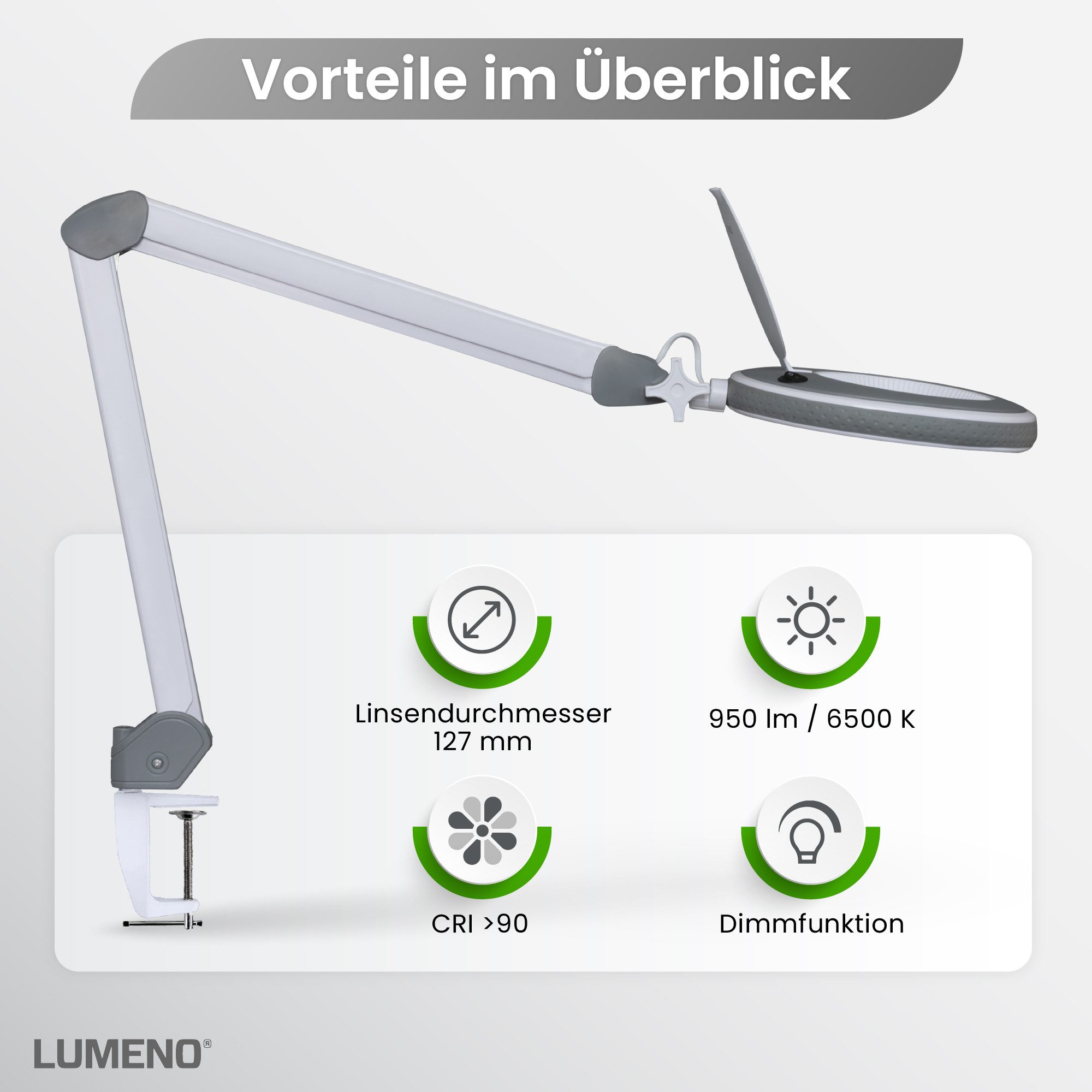 Lumeno Lupenlampe 821X LED dimmbare Lupenlampe mit kristallklarer 127mm Linse, LED fest integriert, Kaltweiß, 6500 K