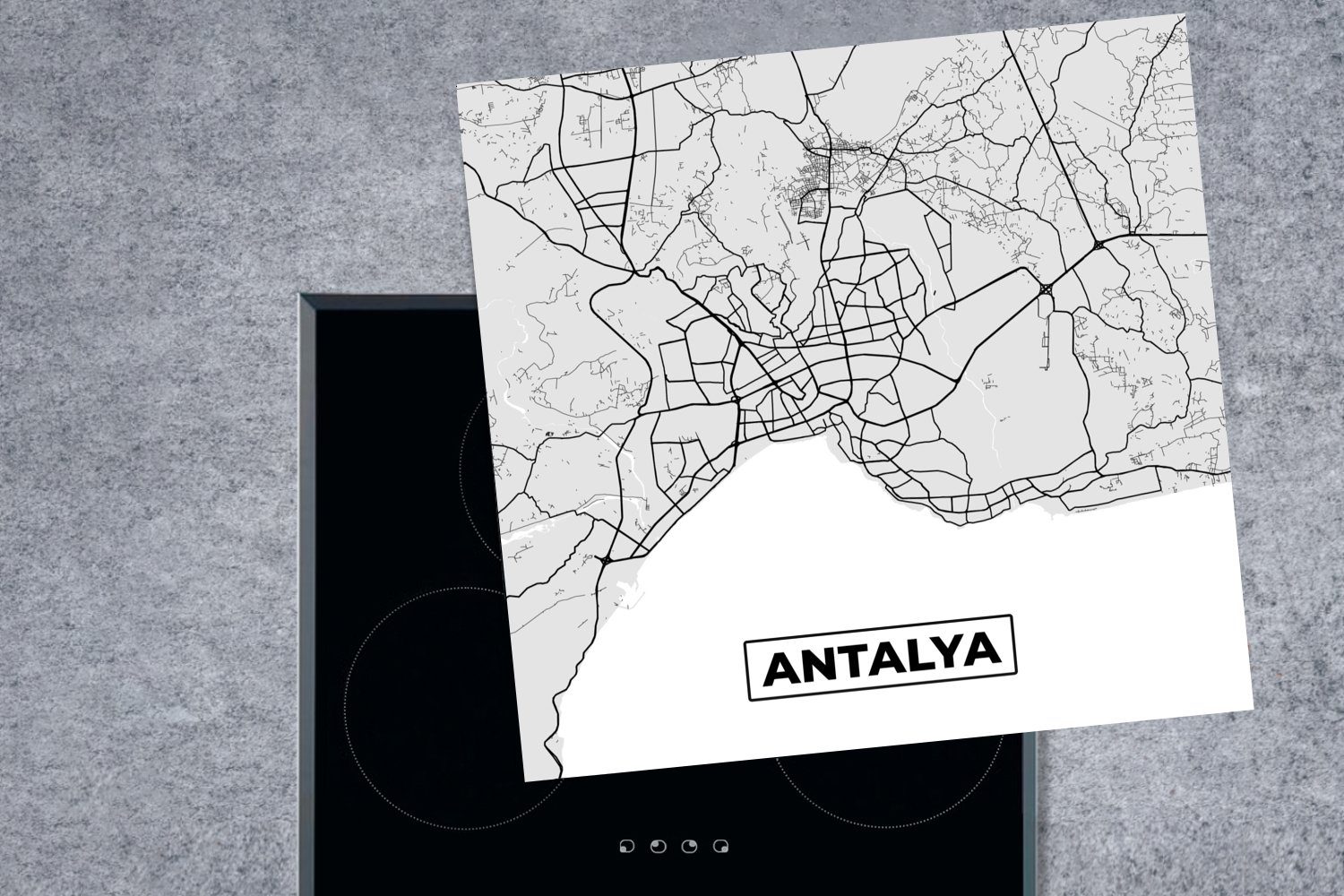 MuchoWow Herdblende-/Abdeckplatte Antalya - Stadtplan für Arbeitsplatte küche tlg), Vinyl, cm, - und Karte, Schwarz (1 - weiß 78x78 Ceranfeldabdeckung