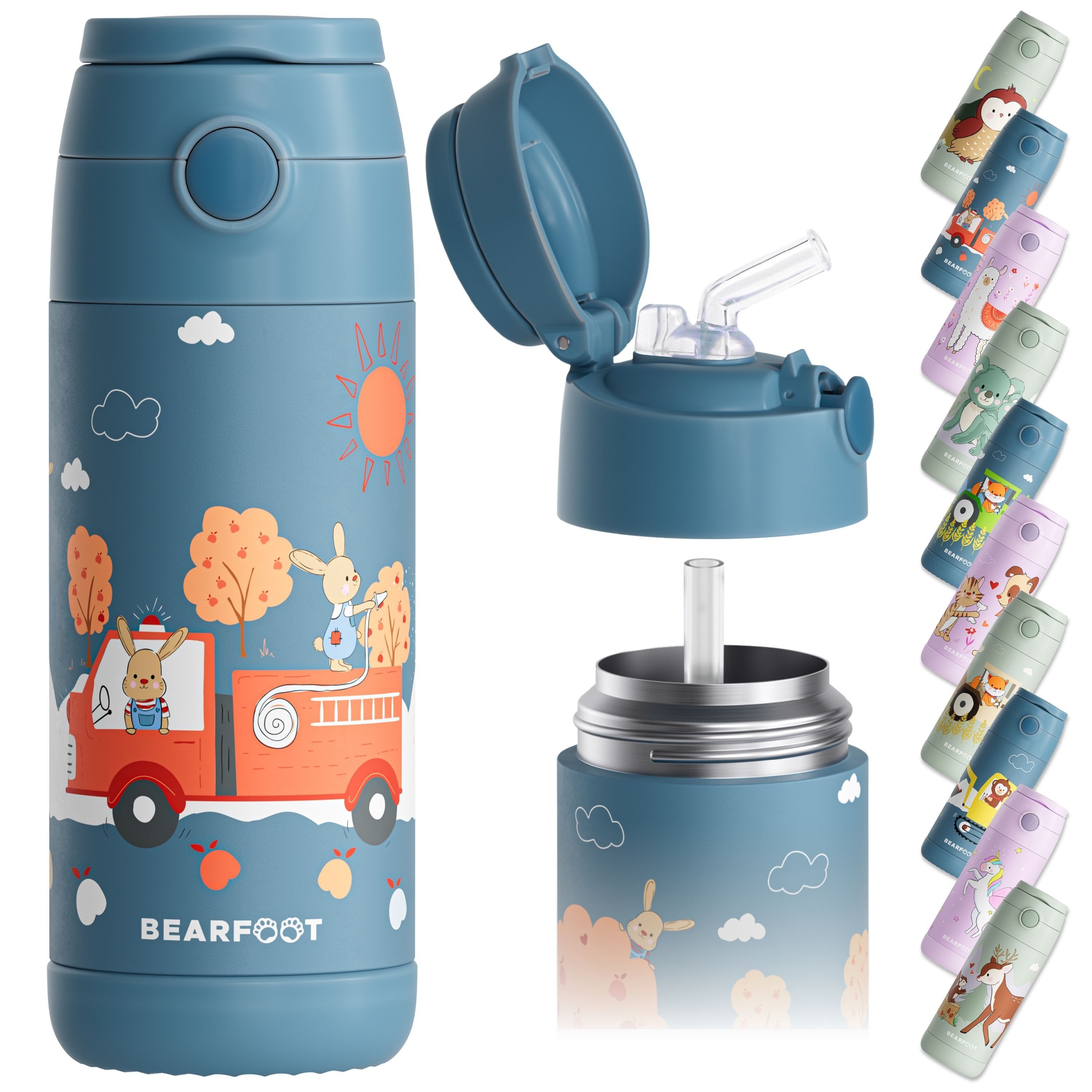 BEARFOOT Trinkflasche Thermo Kinder Trinkflasche Edelstahl - Feuerwehr Hase blau, Thermosflasche, auslaufsicher, Edelstahl, Kinderflasche, BPA-frei