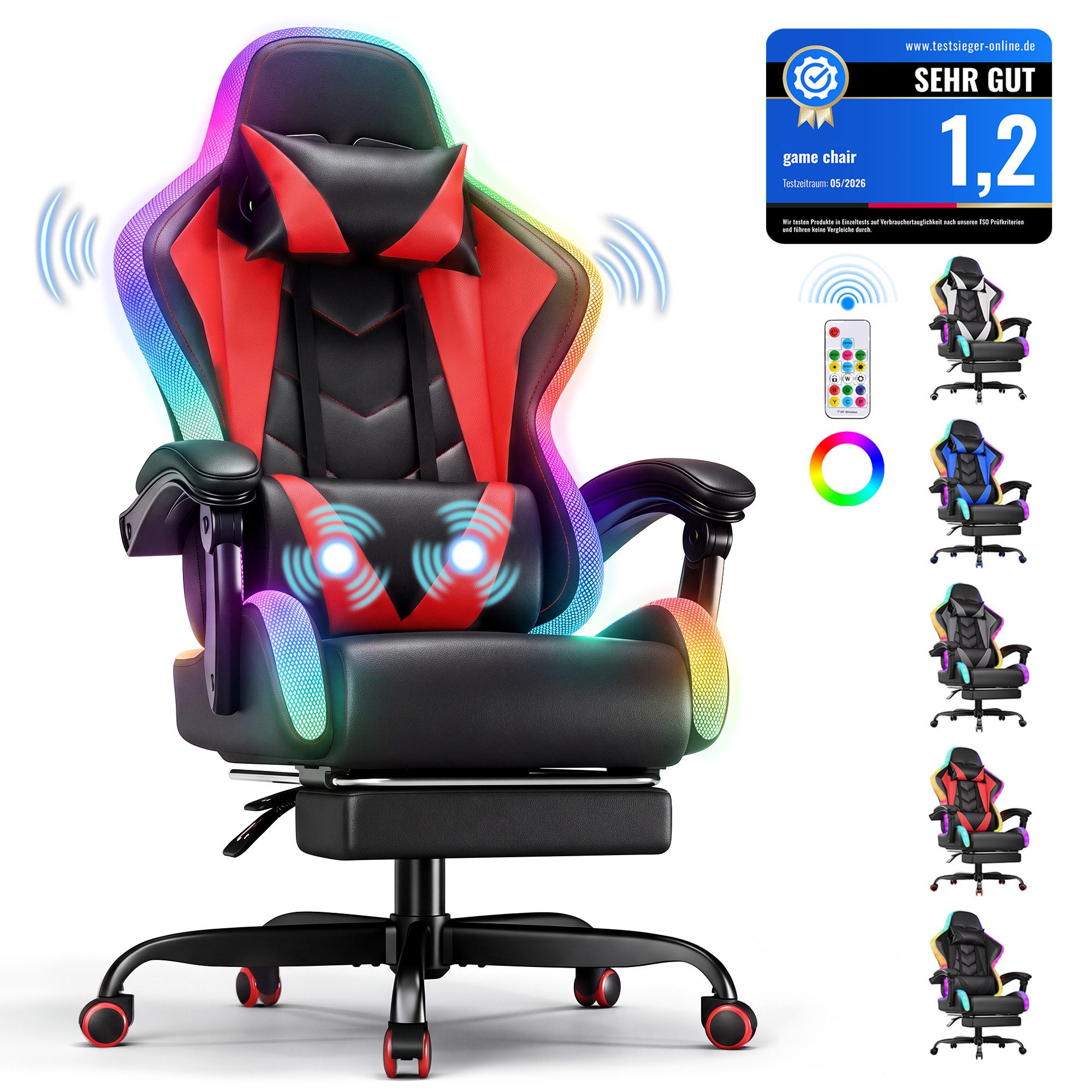 HOMALL Gaming-Stuhl mit LED,Ergonomisch,Fußstütze,computerstuhl,gaming stuhl mit massage (Die LED-Beleuchtung ist einstellbar, das Massagekissen für den Rücken ist beweglich), Ergonomischer Bürostuhl,Kopfstütze und Lendenstütze
