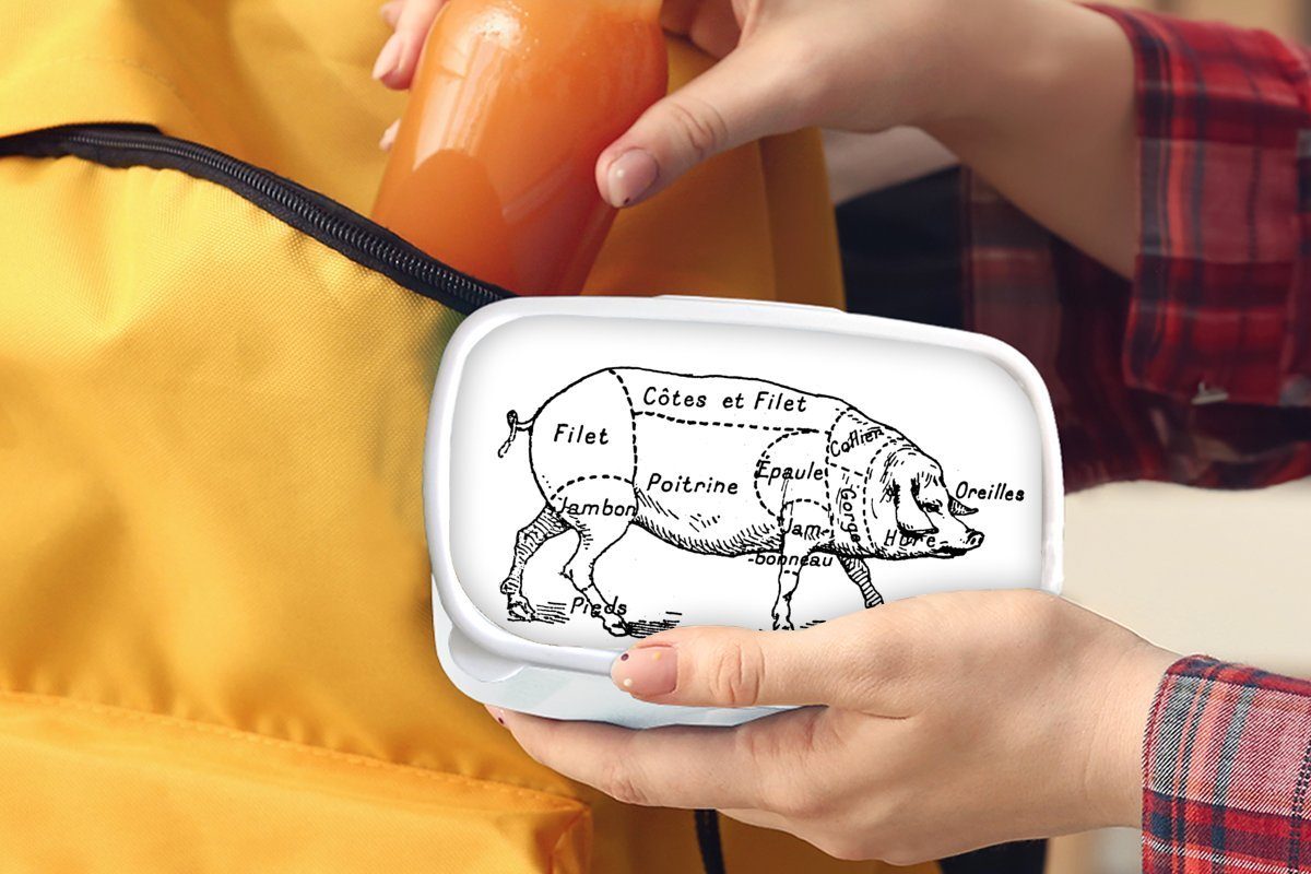 MuchoWow Lunchbox Antike Illustration des Kinder Brotdose, Erwachsene, und Schwein, weiß und Jungs (2-tlg), für Brotbox Kunststoff, für Diagramms Mädchen des vom Metzgers
