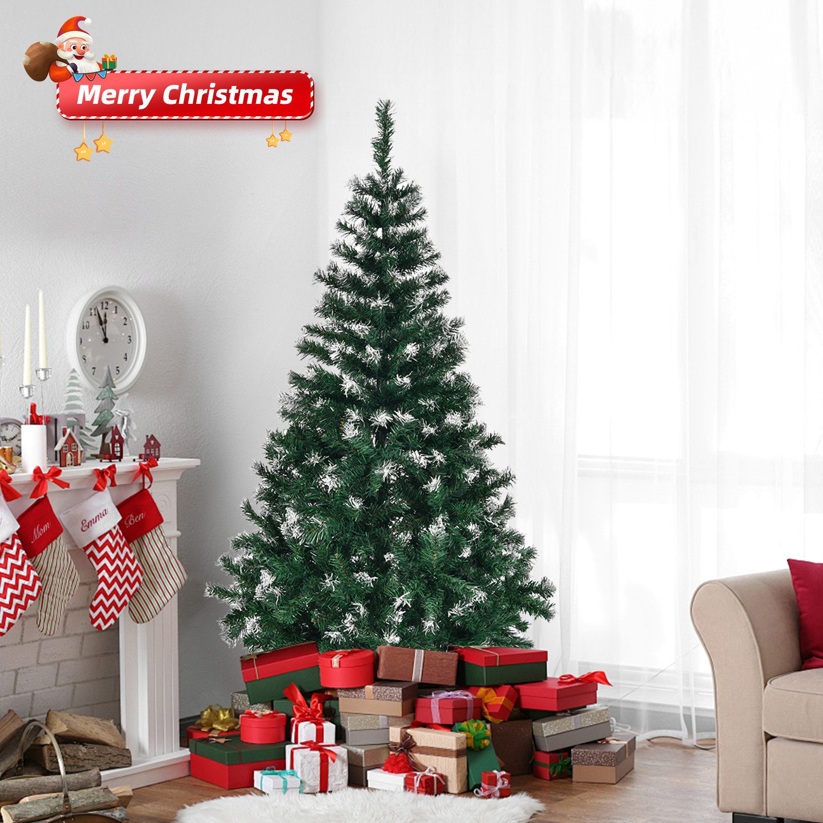 VINGLI Künstlicher Weihnachtsbaum mit 300/420/480/650/700/800/870/900 Zweigspitzen, grüne Zweige mit weißen Spitzen, Eisenbeinen, 120/150/180/210 cm – Bild 3 von 5