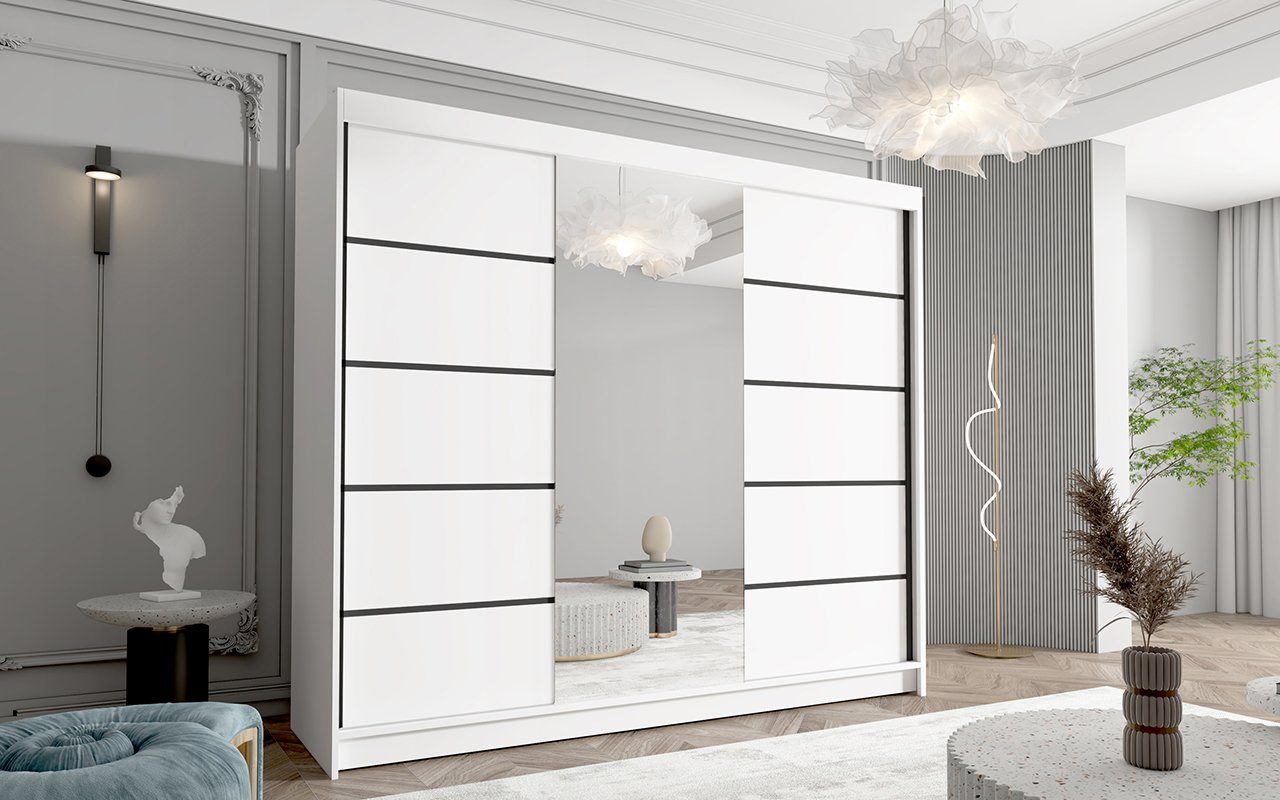 Sofnet Kleiderschrank Davos VI Weiß (mit mit Spiegel, cm Schwebetürenschrank Kleiderstange) Türen, Schiebetüren 3 und 250x215x58 - Schiebetürenschrank