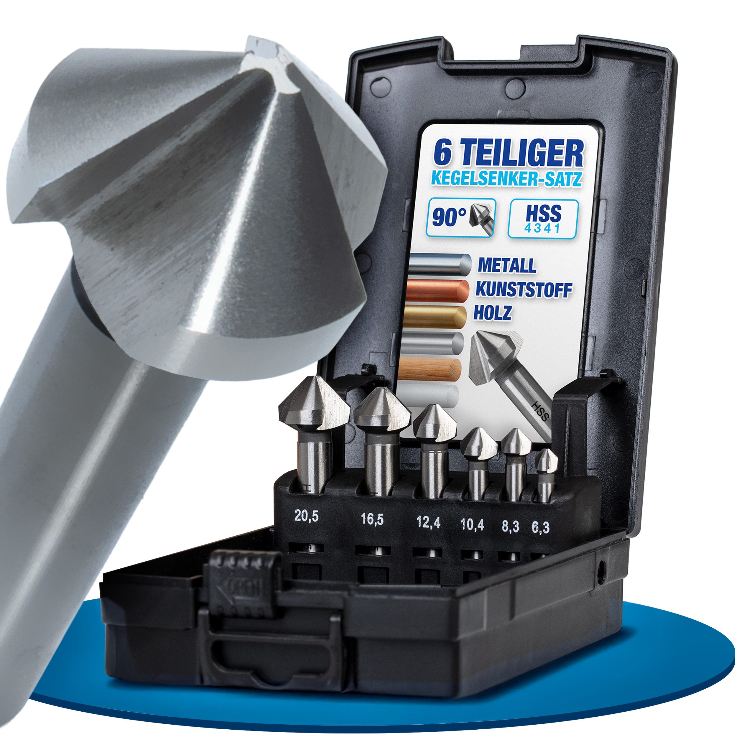 NTG Nutzfahrzeug Technik GmbH Kegelsenker Set 6,3-20,5 mm, 6-tlg, Kegelsenker 90°, HSS Stahl + Entgrater