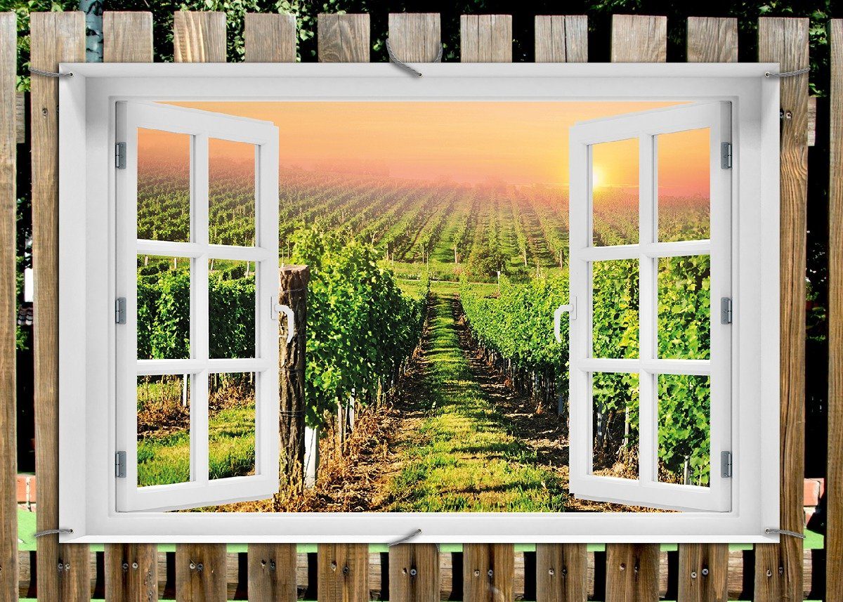 Thumbnail - Wallario Sichtschutzzaunmatten Weinberg mit untergehender Sonne, mit Fenster-Illusion