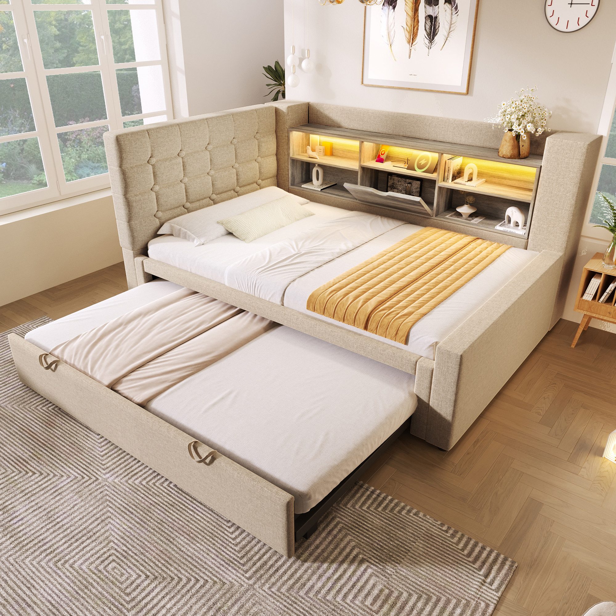 Flieks Daybett mit L-förmigem Kopfteil, Polsterbett 90x200cm mit Ausziehbett 90x190cm, LED-Leiste, USB/TYP-C