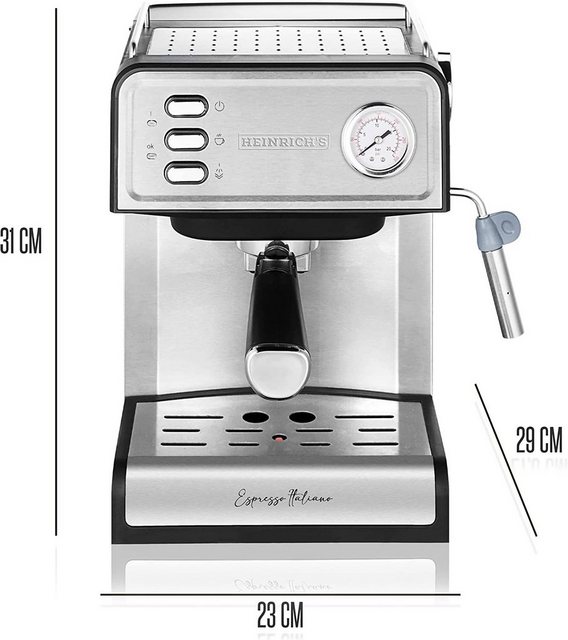 Heinrich’s Espressomaschine HES 8688, Edelstahlfilter, 20Bar Ulka Pumpe, Milchaufschäumer mit Barista Zubehör 1,6L