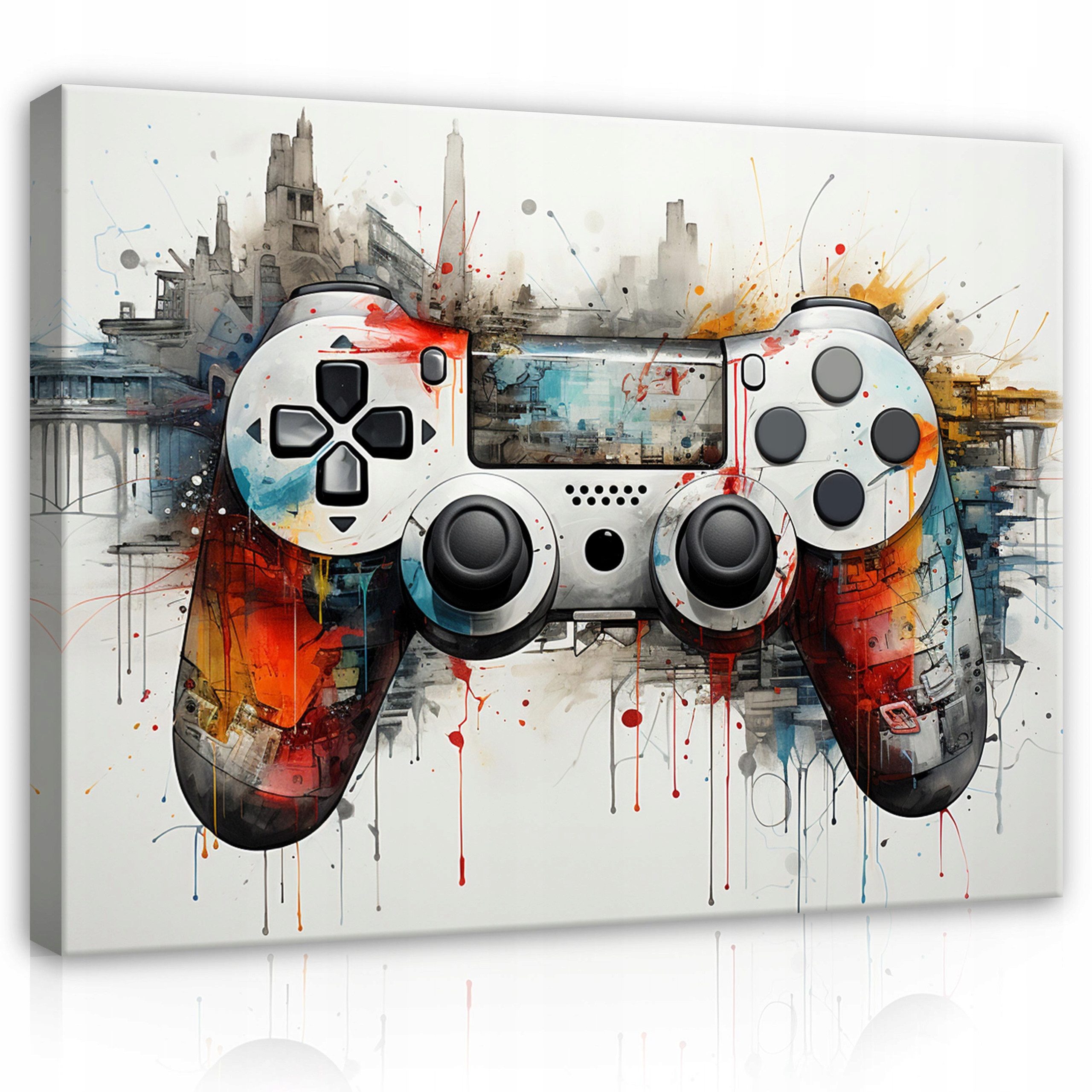 Wallarena Leinwandbild Gaming-Controller mit Stadtsilhouette in Grau für Jungen, Für Jungen (1 St), im Graffiti-Stil mit Holzrahmen mit Aufhängevorrichtung 100x75cm