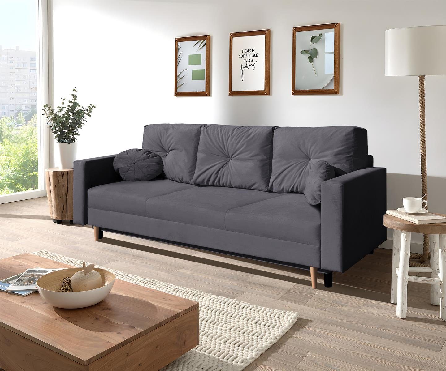 Beautysofa 3-Sitzer MILAN, skandinavisches Design, Wellenunterfederung, Bettkasten, Holzbeine, 3-Sitzer Sofa mit Relaxfunktion Grau (trinity 15)