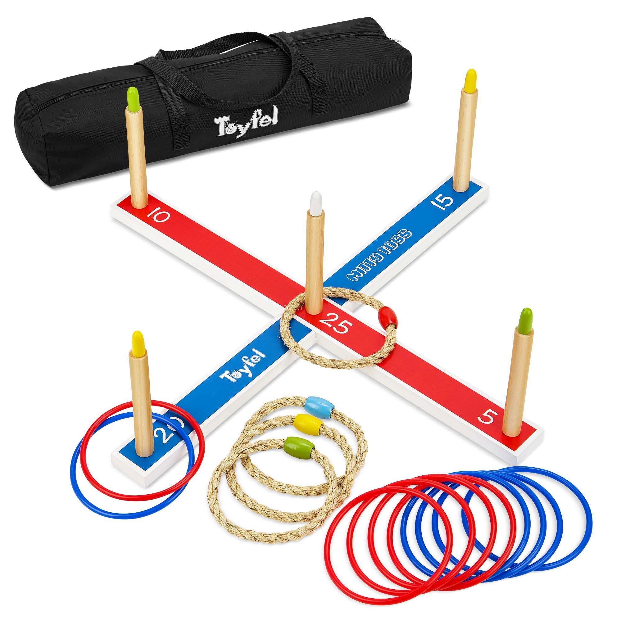 Toyfel Spiel Mitty Toss, XXL Ringwurfspiel mit 15 Ringen aus Kunststoff und Sisal 60x5x2 cm