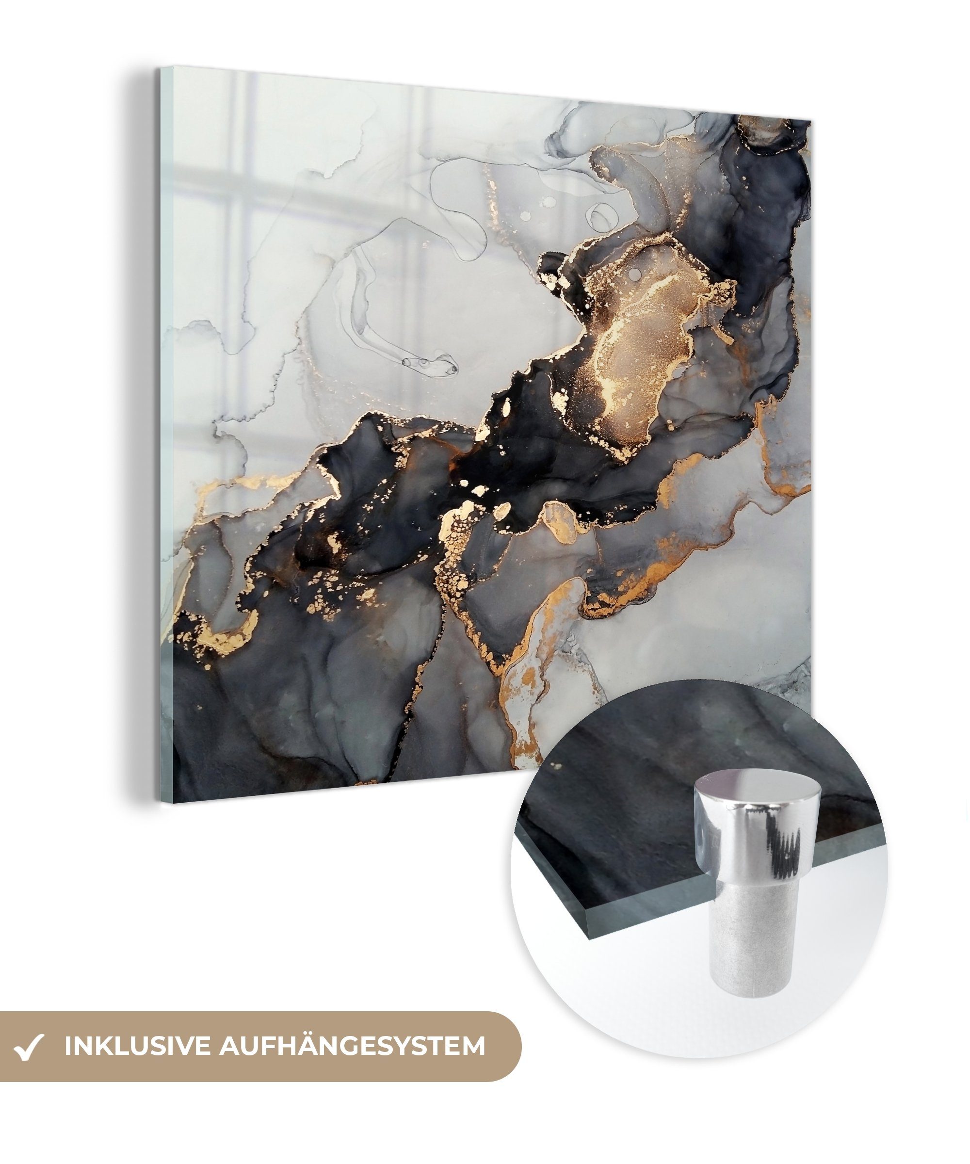 MuchoWow Acrylglasbild Schwarz - Marmor - Luxus - Gold, Inkl. Aufhängung, Bilder auf Glas Wandbild, Wanddeko Wohnzimmer Badezimmer, 20x20 cm
