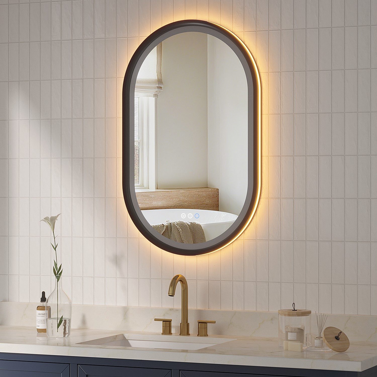 AQUABATOS Badspiegel mit Beleuchtung Ovaler LED Spiegel dimmbar Wandspiegel für Badezimmer, 50x80 / 60x90 cm, Beschlagfrei,Touch,Memory,Kaltweiß & Warmweiß,IP44
