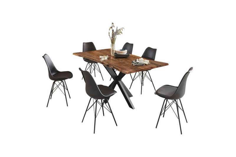 SAM® Essgruppe »Harbor«, Baumkante Tisch nussbaumfarben massiv Akazie Spider-Gestell & 6x Stuhl Luis