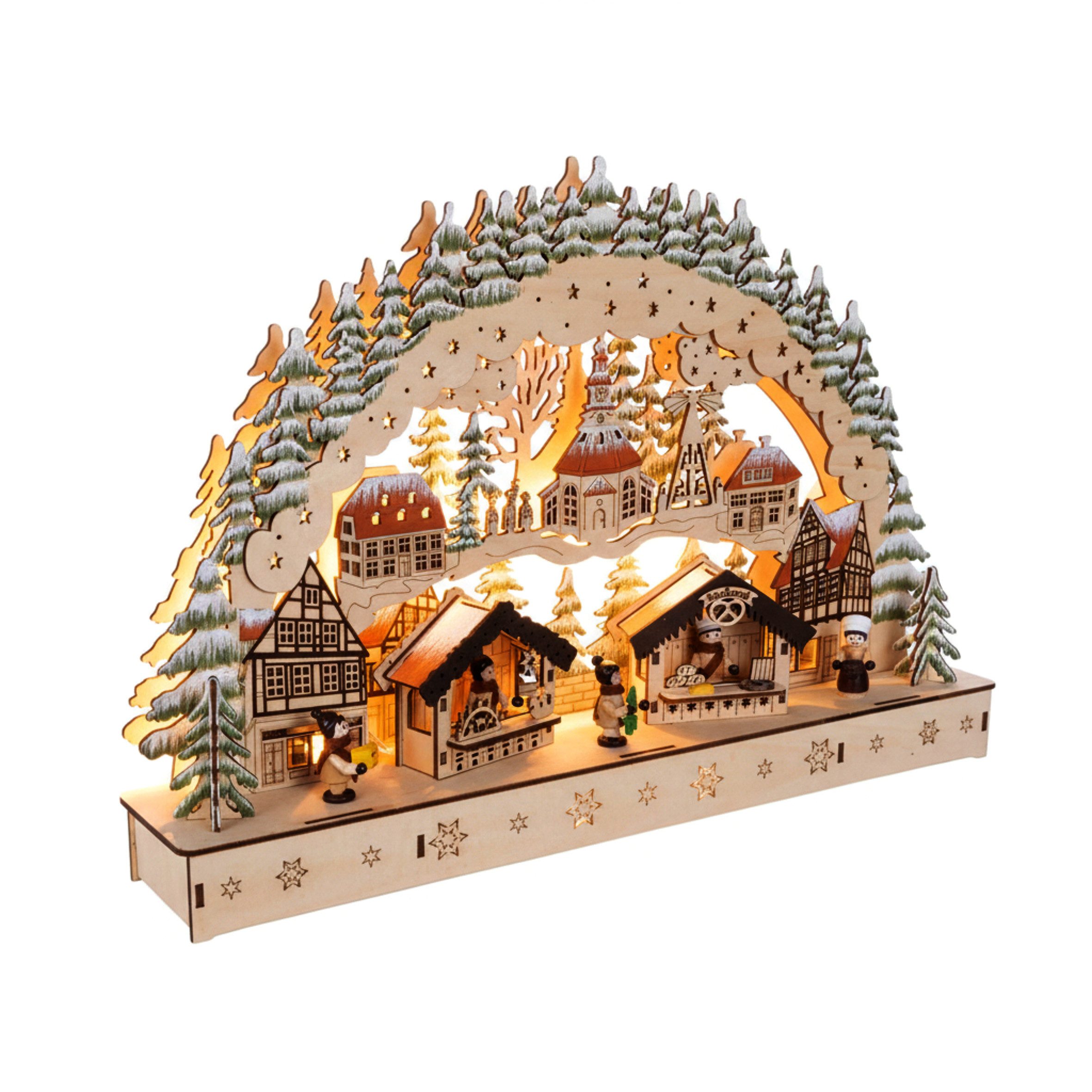 Spetebo LED Schwibbogen aus Holz Motiv Wintermarkt (1-tlg), Batteriefach im Sock