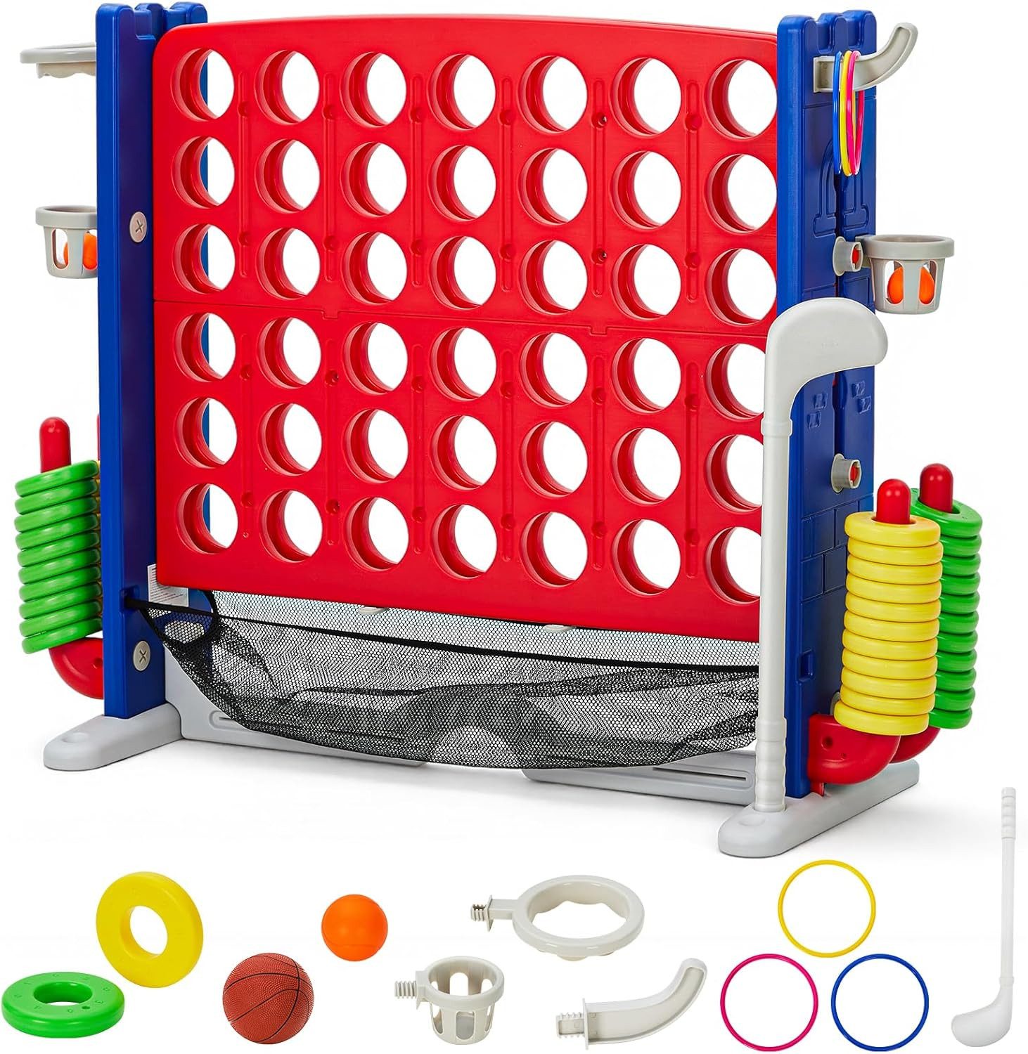 GarveeMore Spiel Riesiges 4 Gewinnt Spielset mit verstellbarer Höhe (91–122 cm), 42 Jumbo-Ringen mit Schnellverschluss-Rutsche,Gartenspiel für Kinder