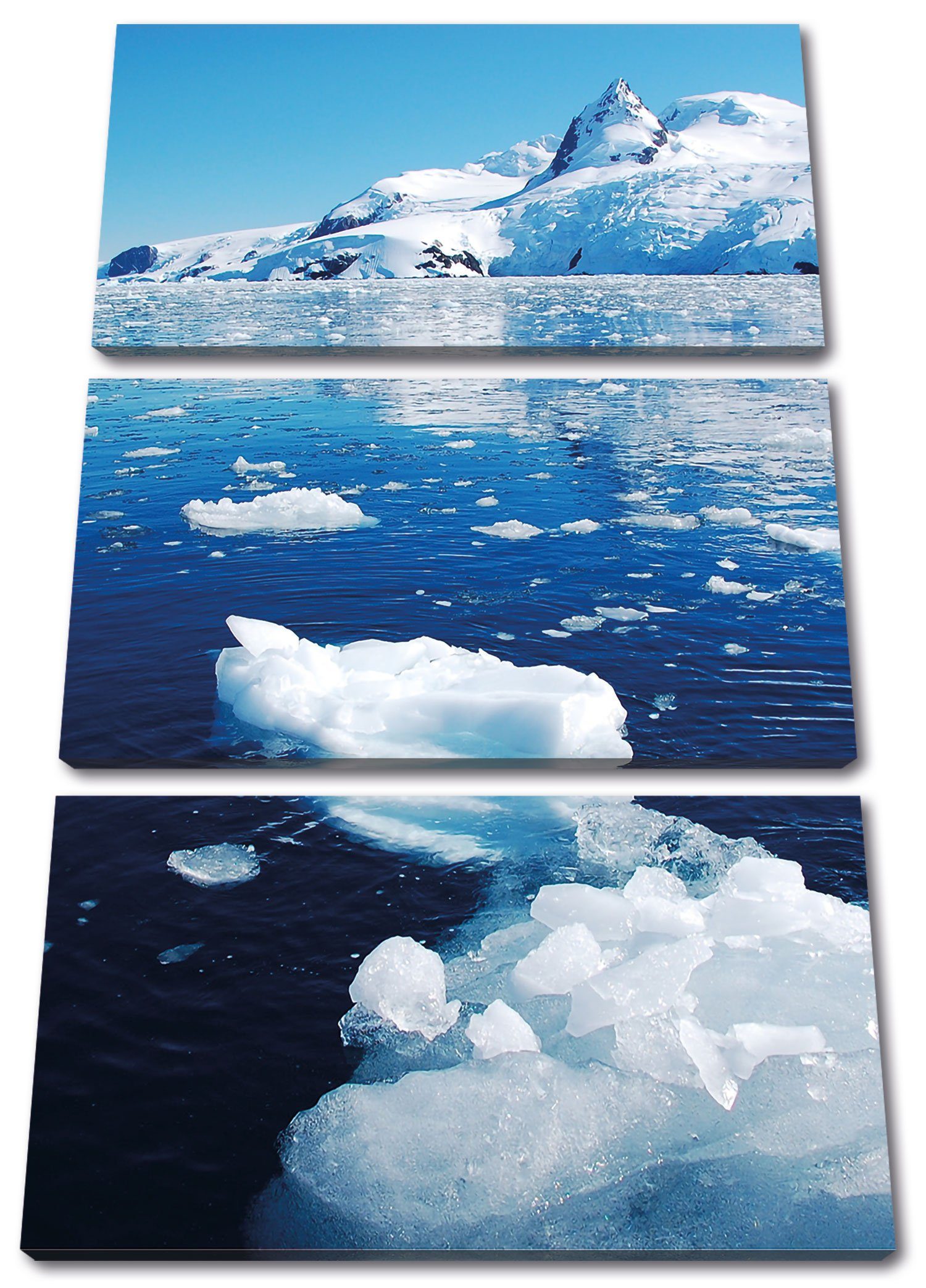 Pixxprint Leinwandbild Eisberge im Meer Arktis, Eisberge im Meer Arktis 3Teiler (120x80cm) (1 St), Leinwandbild fertig bespannt, inkl. Zackenaufhänger