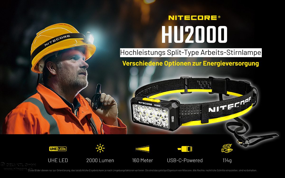 Nitecore LED Stirnlampe HU2000 - 2000 Lumen Kopflampe für externe Energiequelle (1-St)