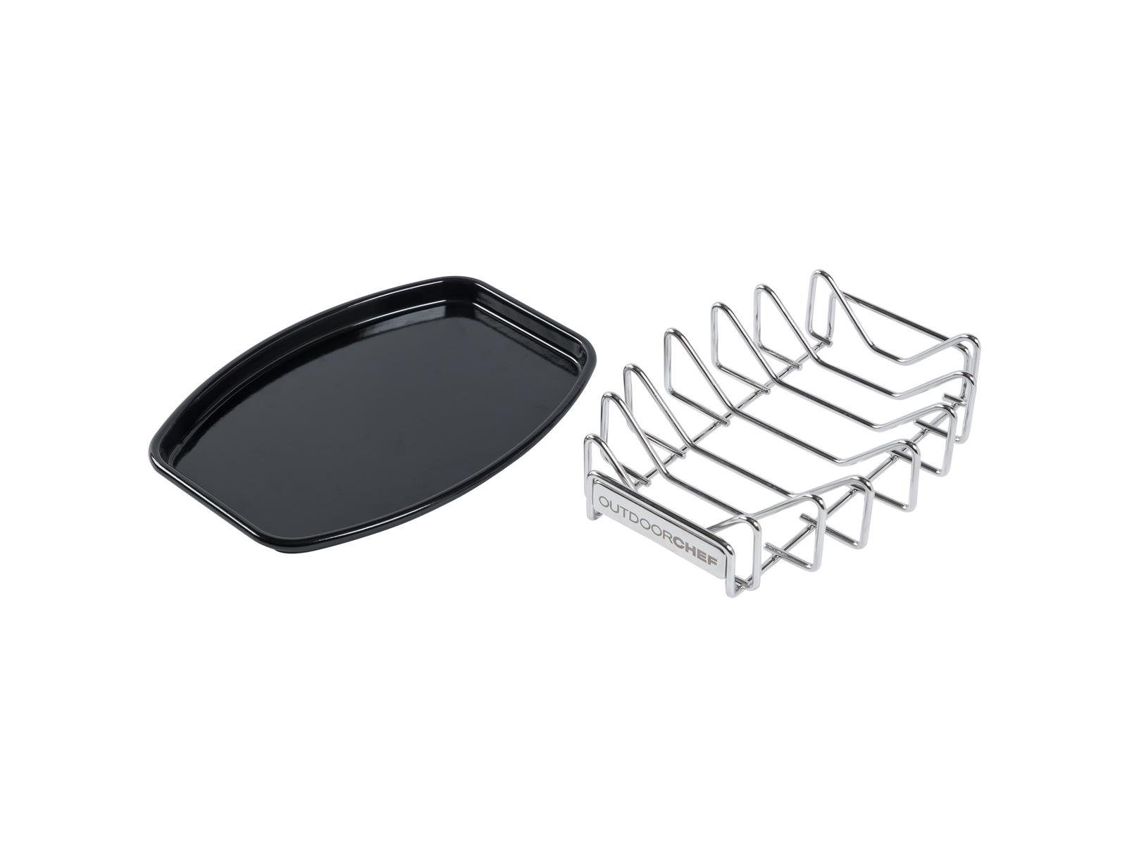 Sparerib-Halter Universal-Rack Grillguthalter für Spare Ribs, Gemüse & Braten (Set, 2-St), Edelstahl Halter mit emailiertem Tray
