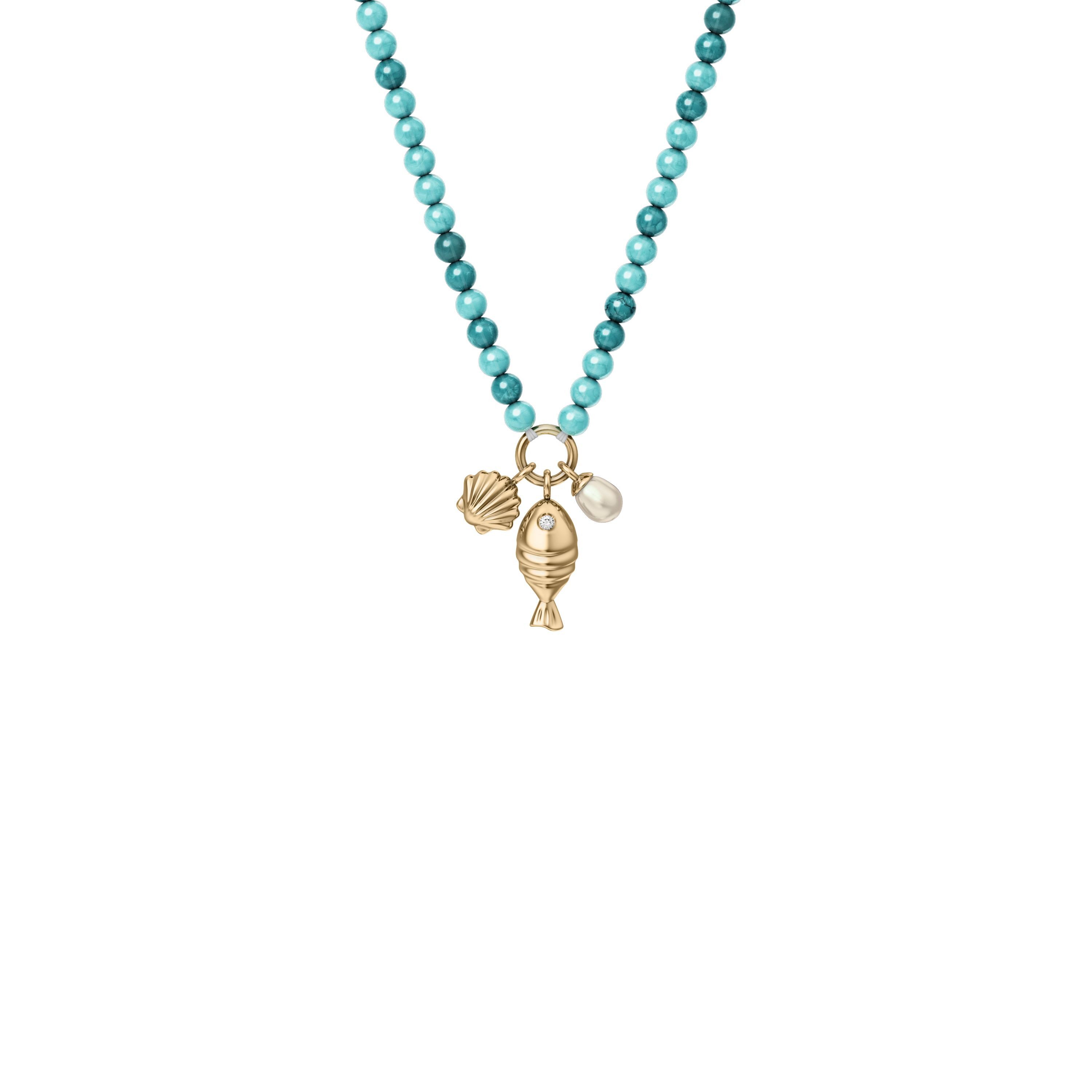 Fossil Kette mit Anhänger Schmuck Geschenk Metall Halskette Fisch Muschel Sutton, mit Glasstein - mit Süßwasserzuchtperle, Acryl