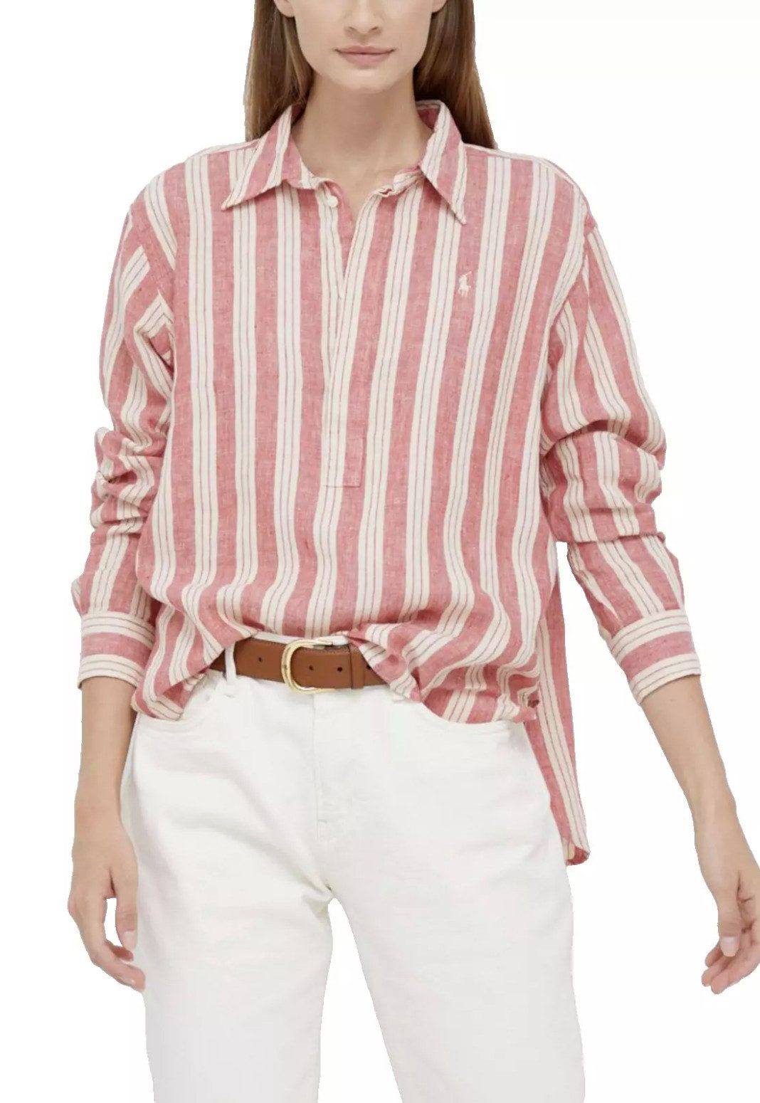 Polo Ralph Lauren Leinenhemd Damen Vokuhila-Hemd Bluse Oversize in Antikrosa Kentkragen, verdeckte Knopfleiste,Streifenmuster,Pony-Stickerei