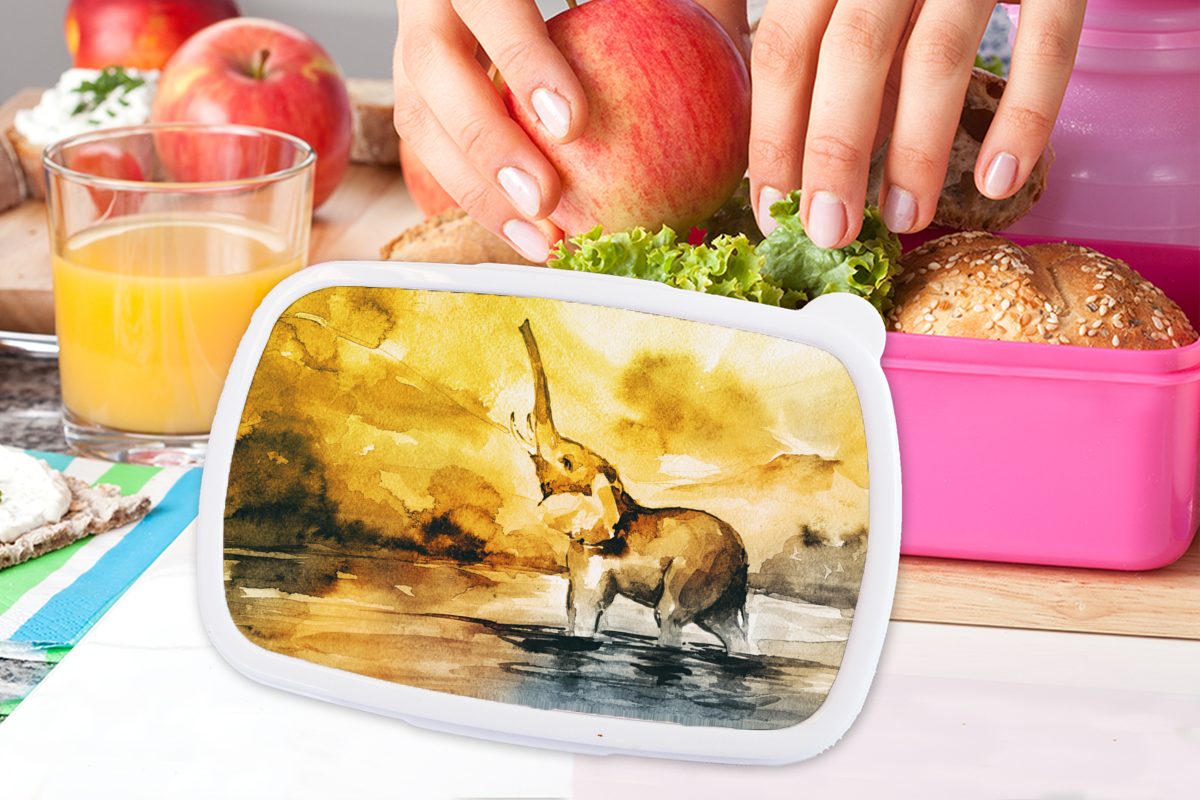 MuchoWow Lunchbox Brotdose (2-tlg), - Mädchen, Brotbox Snackbox, Erwachsene, Kunststoff, - Kunststoff Elefant Aquarellfarbe Kinder, für rosa Wasser