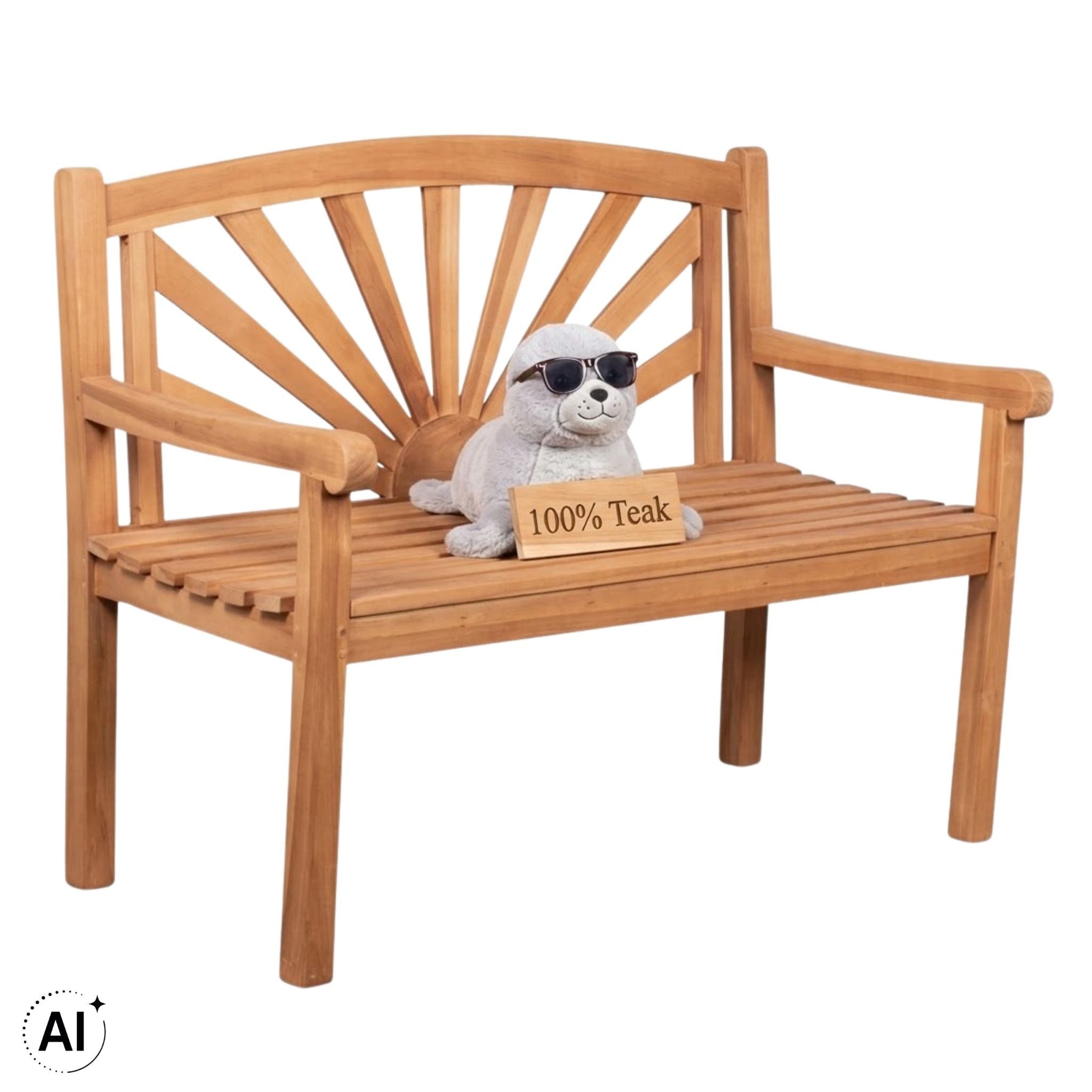 MR.DEKO Gartenbank Teak Sonnen-Motiv, wetterfest, ideal für Garten & Balkon Sommer (2-Sitzer Bank, zerlegt geliefert, ideal für Terrasse, 1-St), Massive Sitzbank Garten und Balkon, 250 kg belastbar