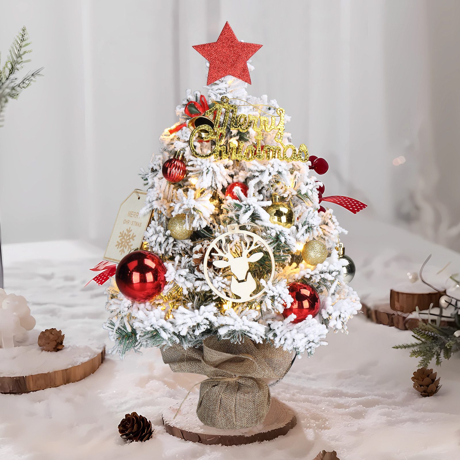 LALAHO Künstlicher Weihnachtsbaum 40cm Tisch-Weihnachtsbaum mit 30 warmweißen LEDs, Mini Künstlicher Tannenbaum 50 Zweige mit Schnee und Ornamenten
