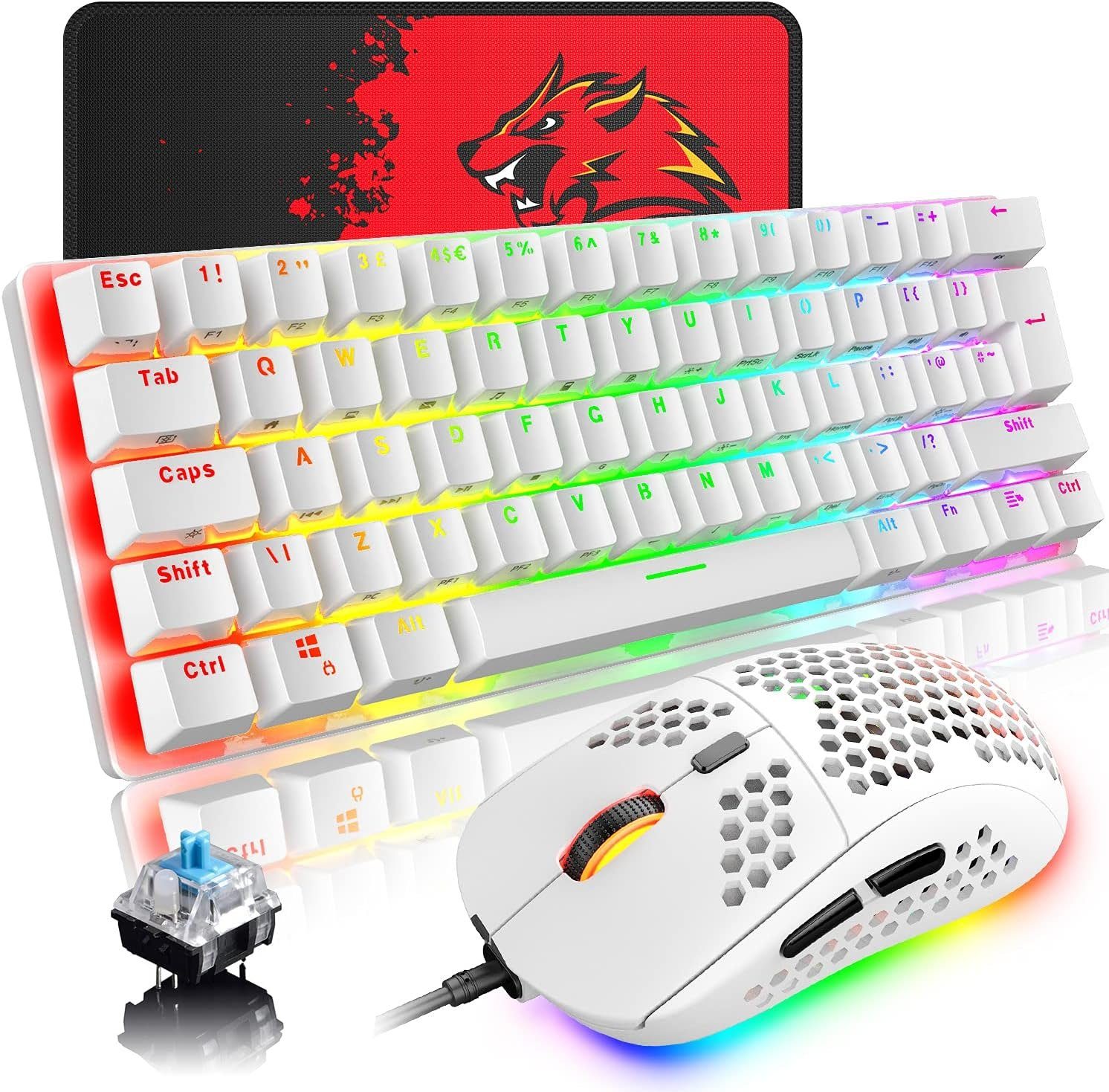 LexonElec RGB 14 Hintergrundbeleuchtungseffekte Tastatur- und Maus-Set, mit 62 Tasten und leuchtenden Kapppen für Gaming, Asthetisches Design