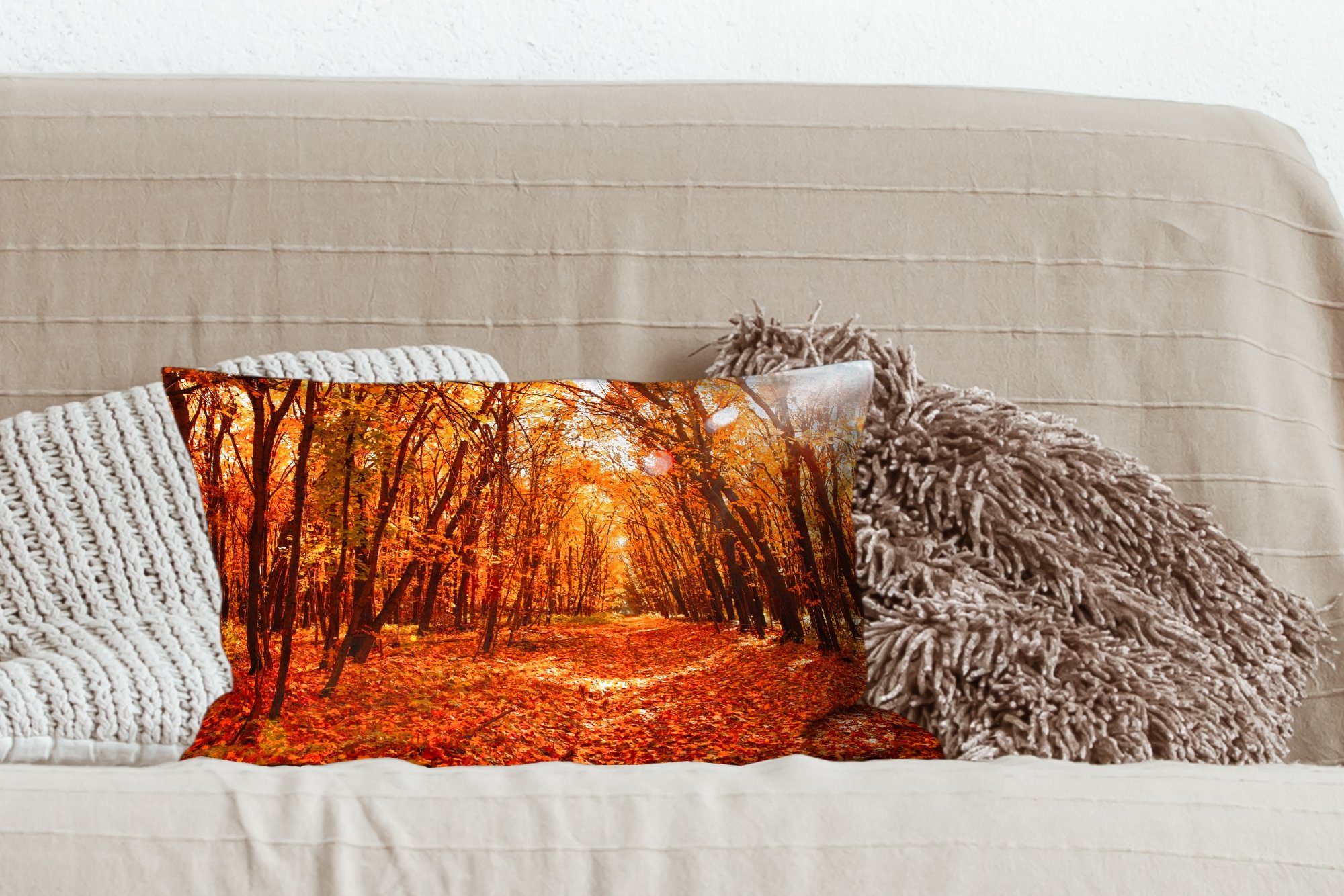 Schlafzimmer Jahreszeiten, mit - Dekokissen - Wohzimmer Füllung, - Laub Dekokissen MuchoWow Wald Zierkissen, Dekoration, Herbst