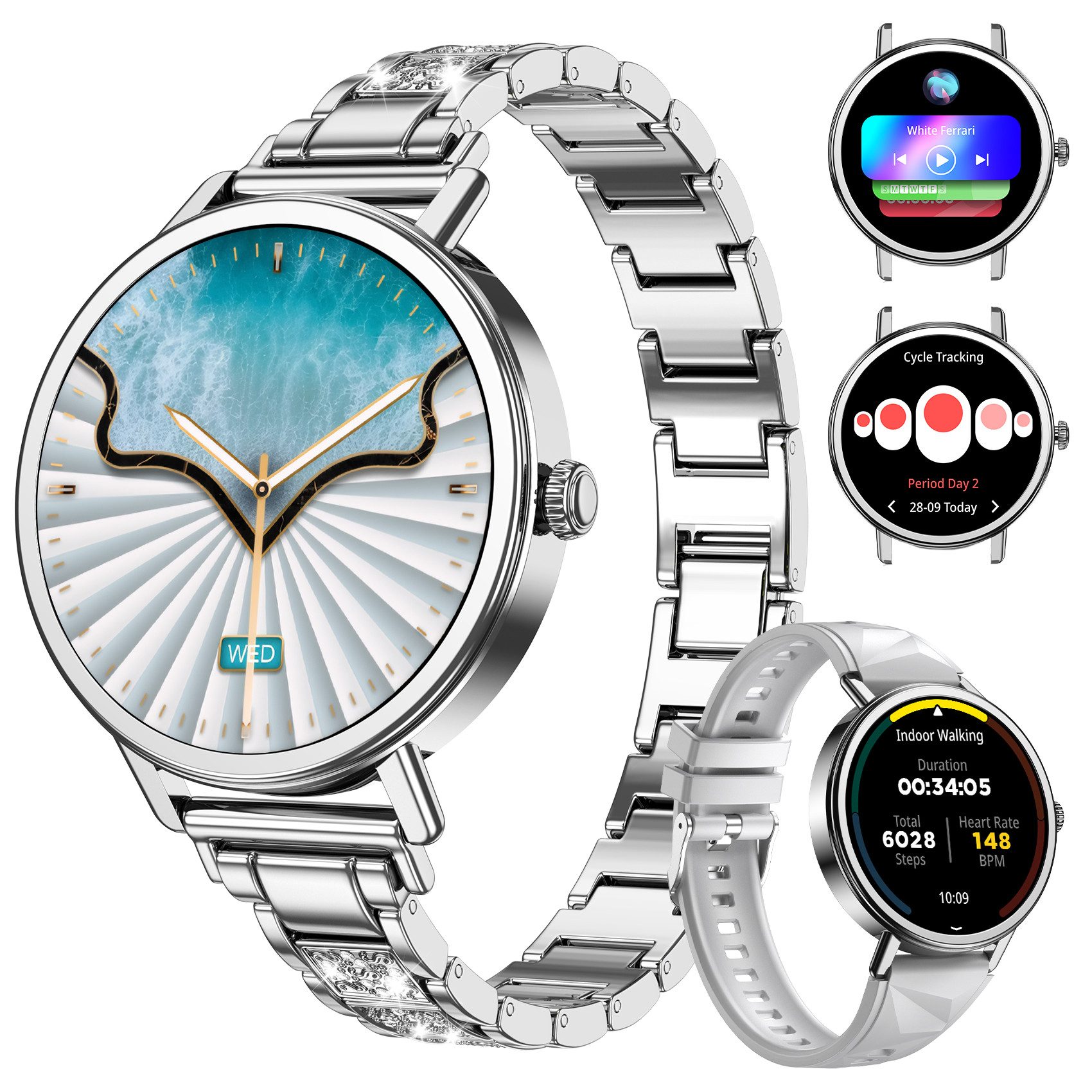 blackview Smartwatch Damen mit Strass-Metallarmband,Bluetooth-Telefonie, Fitness Smartwatch (4 cm/1.26 Zoll, iOS/Android) Set, mit …