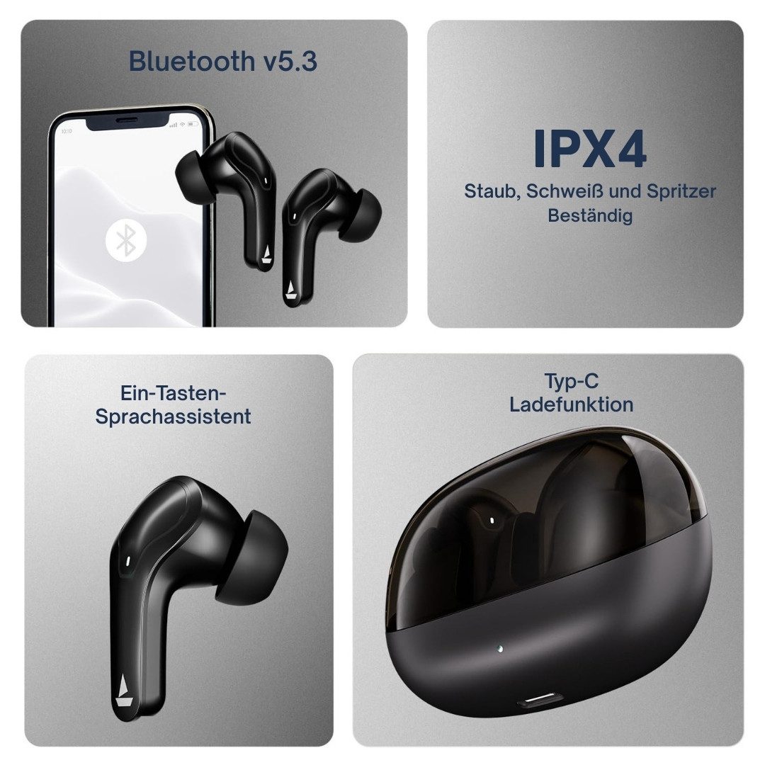 boAt Airdopes Plus 311 TWS In-Ear Ohrhörer Bluetooth 5.3 Bluetooth-Kopfhörer (Bluetooth, ENx Geräuschunterdrückung, Schnellladen, ANC, Glasdesign)