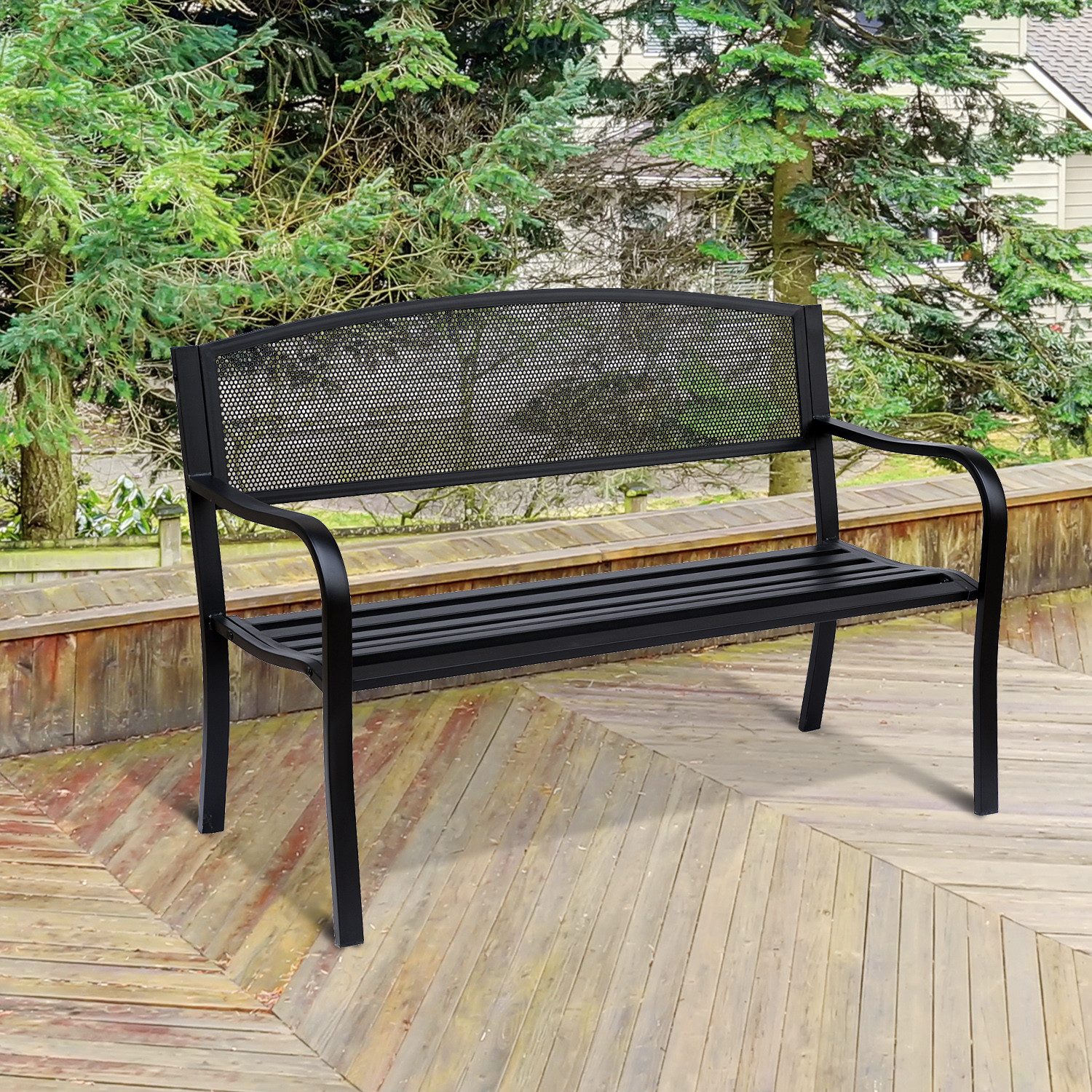 Outsunny Gartenbank 2-Sitzer Garten Stahl Schwarz (Sitzbank, 1-St., Parkbank), 127cm x 60cm x 87cm