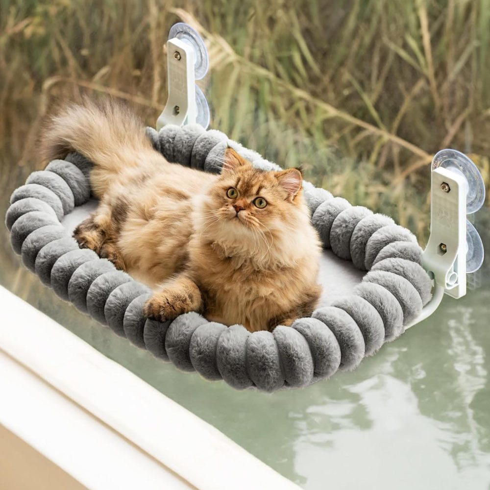 AFKSMILE Katzen-Hängematte Katzen Fensterliege Hängematte Weich mit Abnehmbarem Wendebezug, Katzen Hängematte Fenster mit Stabiles Stahlgestell Halt bis 15kg