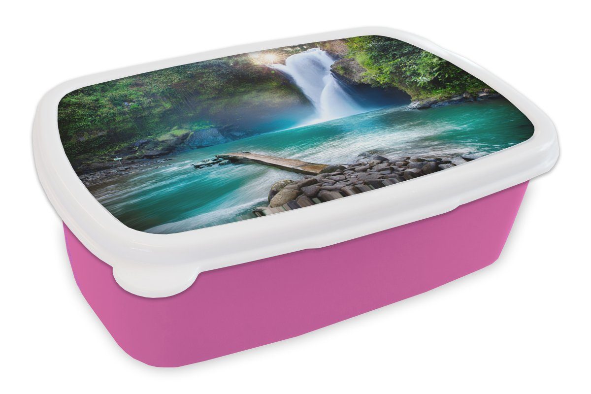 MuchoWow Lunchbox Wasserfall Steine Brotdose Mädchen, - Pflanzen für Kinder, - Kunststoff (2-tlg), - Kunststoff, Landschaft rosa Snackbox, Wasser, Erwachsene, - Brotbox